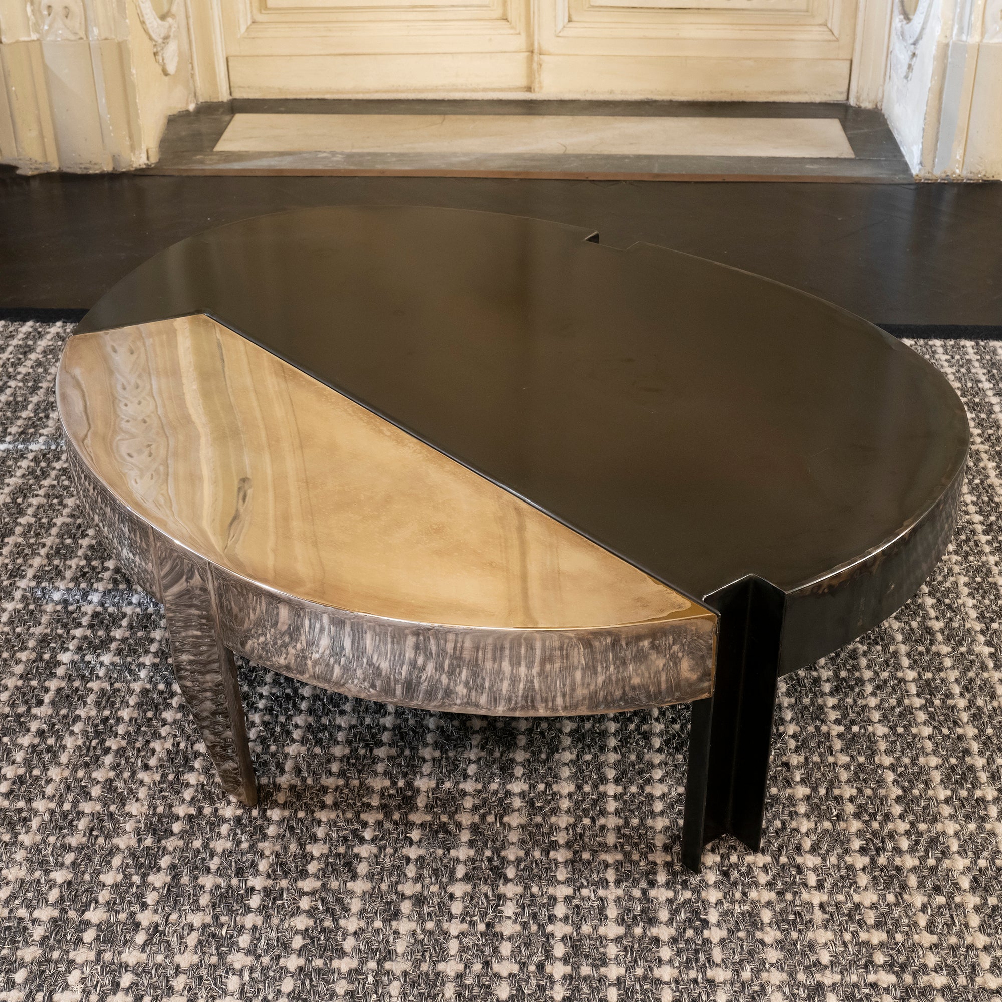 One of a kind original coffee table made of natural iron and silver plated brass, vintage patina, designed by 
Alberto Tonni, Italy.