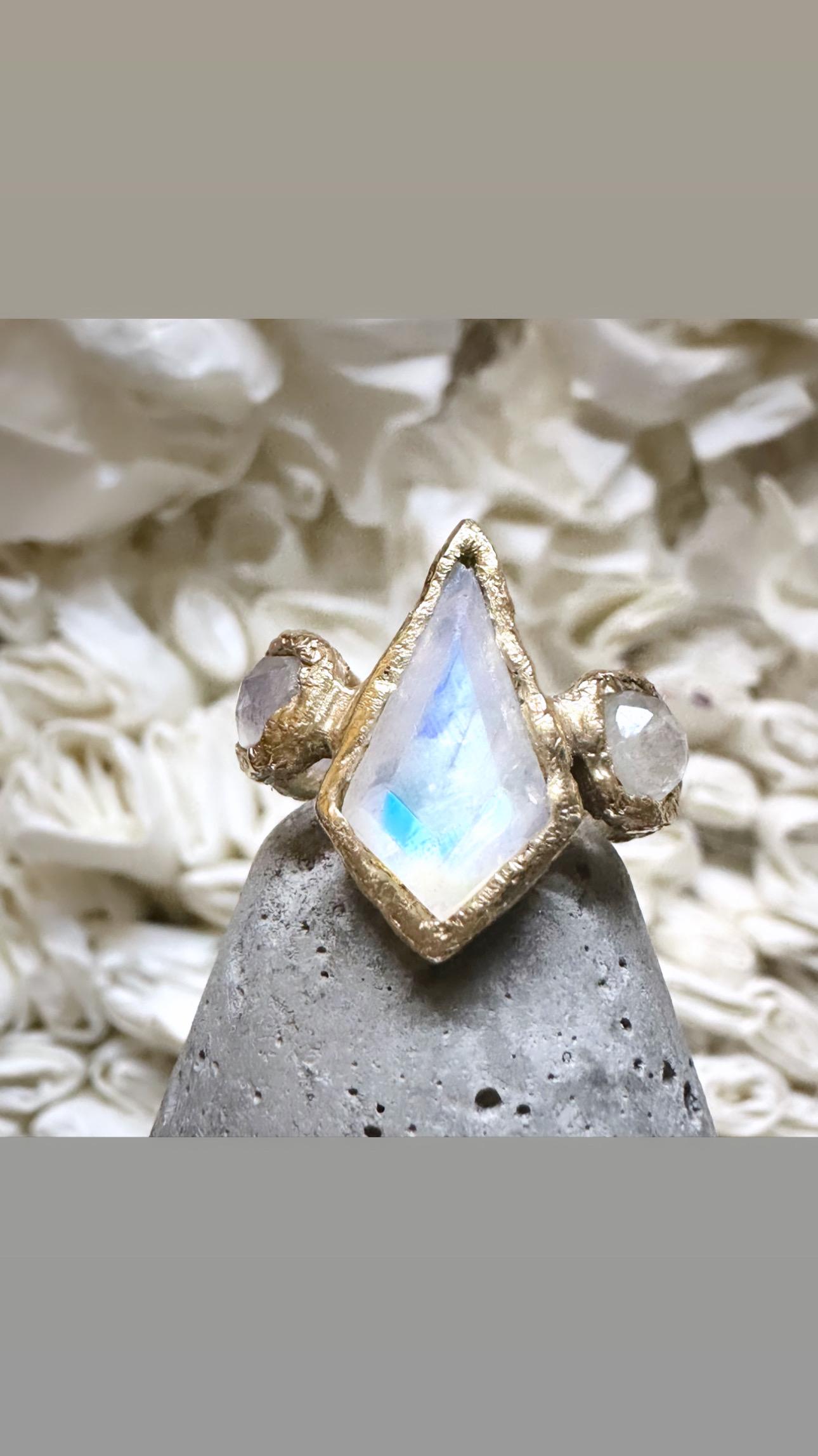 Modern Rainbow Moonstone Kite handmade Ring in Gold one of a kind and in stock