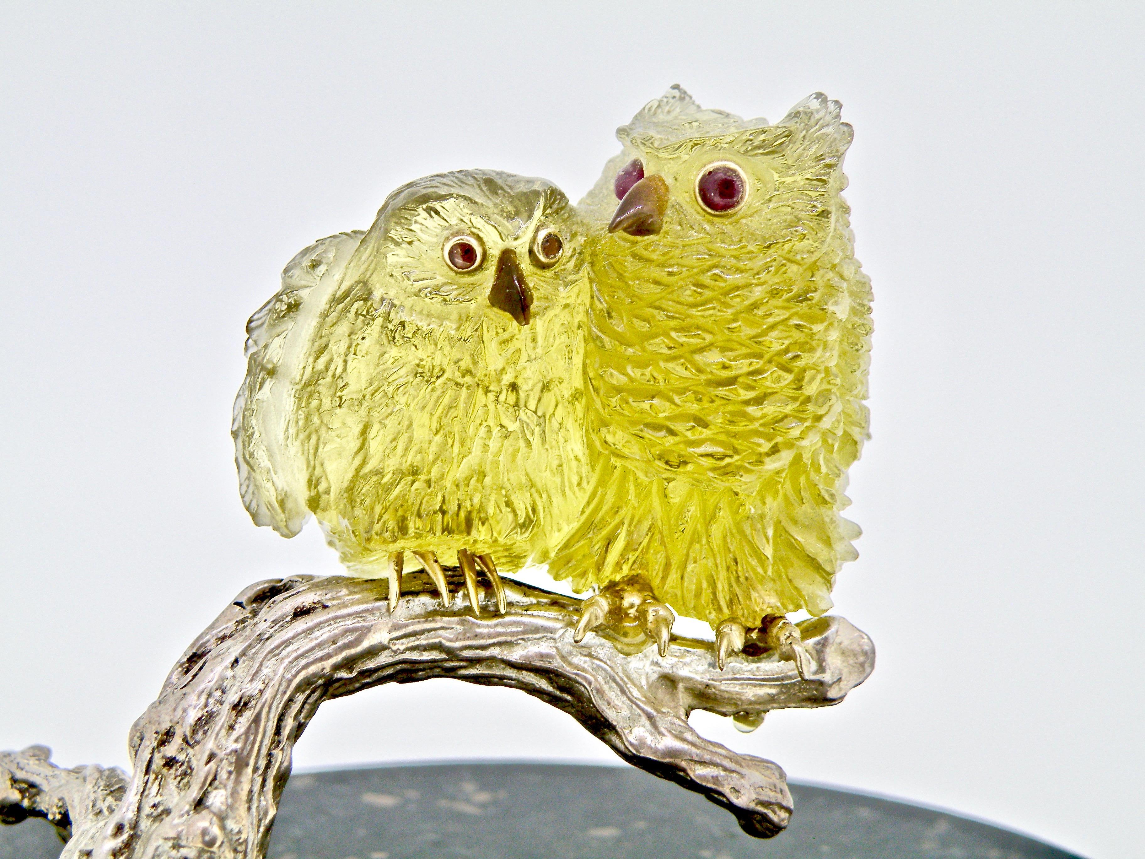 One of a Kind Carved Beryl Double Owl Statue on Onyx Base In New Condition In Cohasset, MA