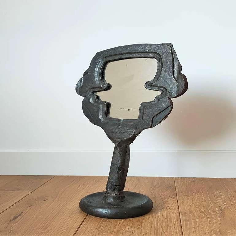 French One of a Kind Cast Iron Brutalist Psyché Table Mirror, France, 1970's For Sale