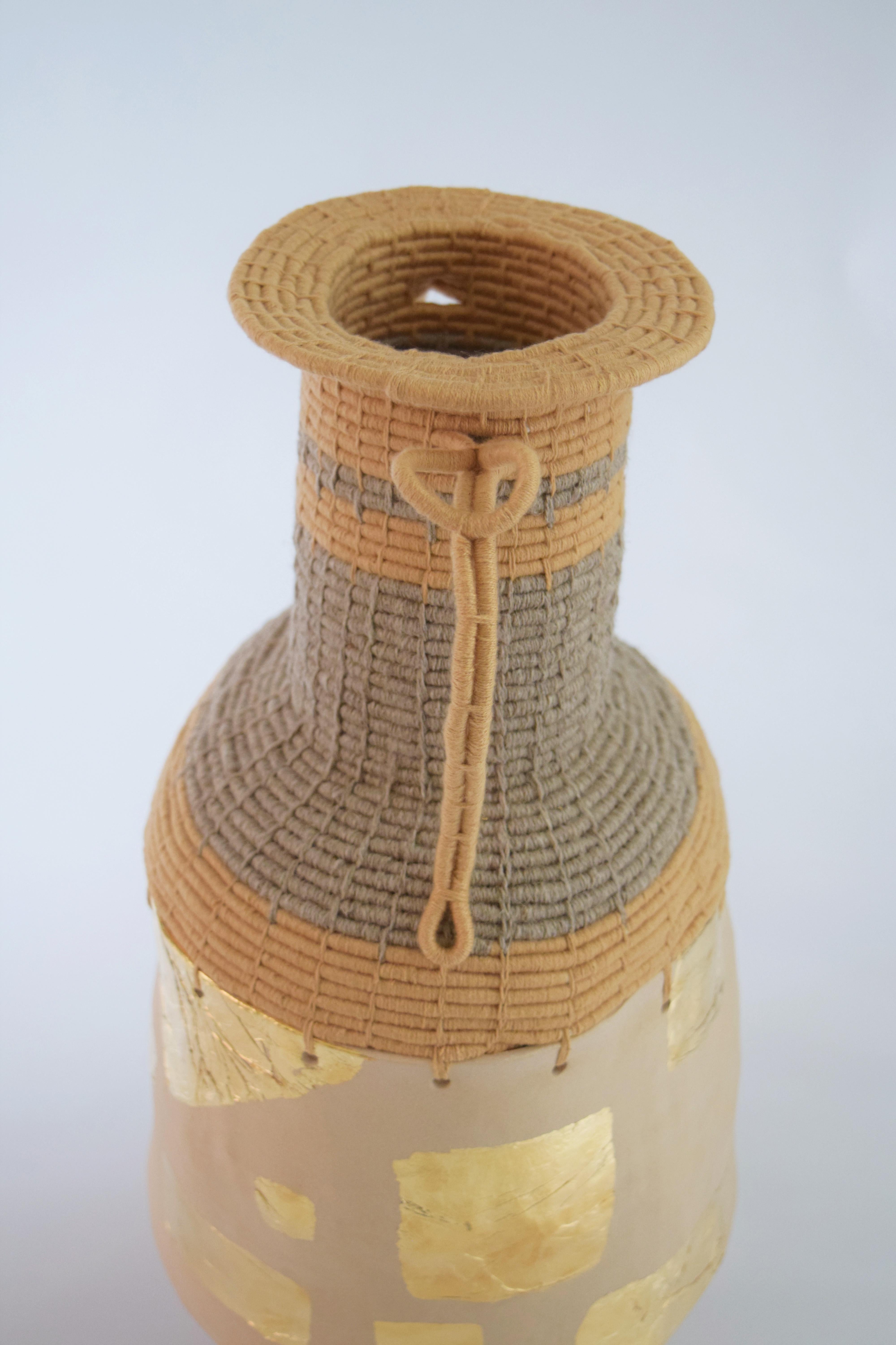 American One of a Kind Ceramic and Woven Cotton/Linen Vessel with Applied Gold Foil