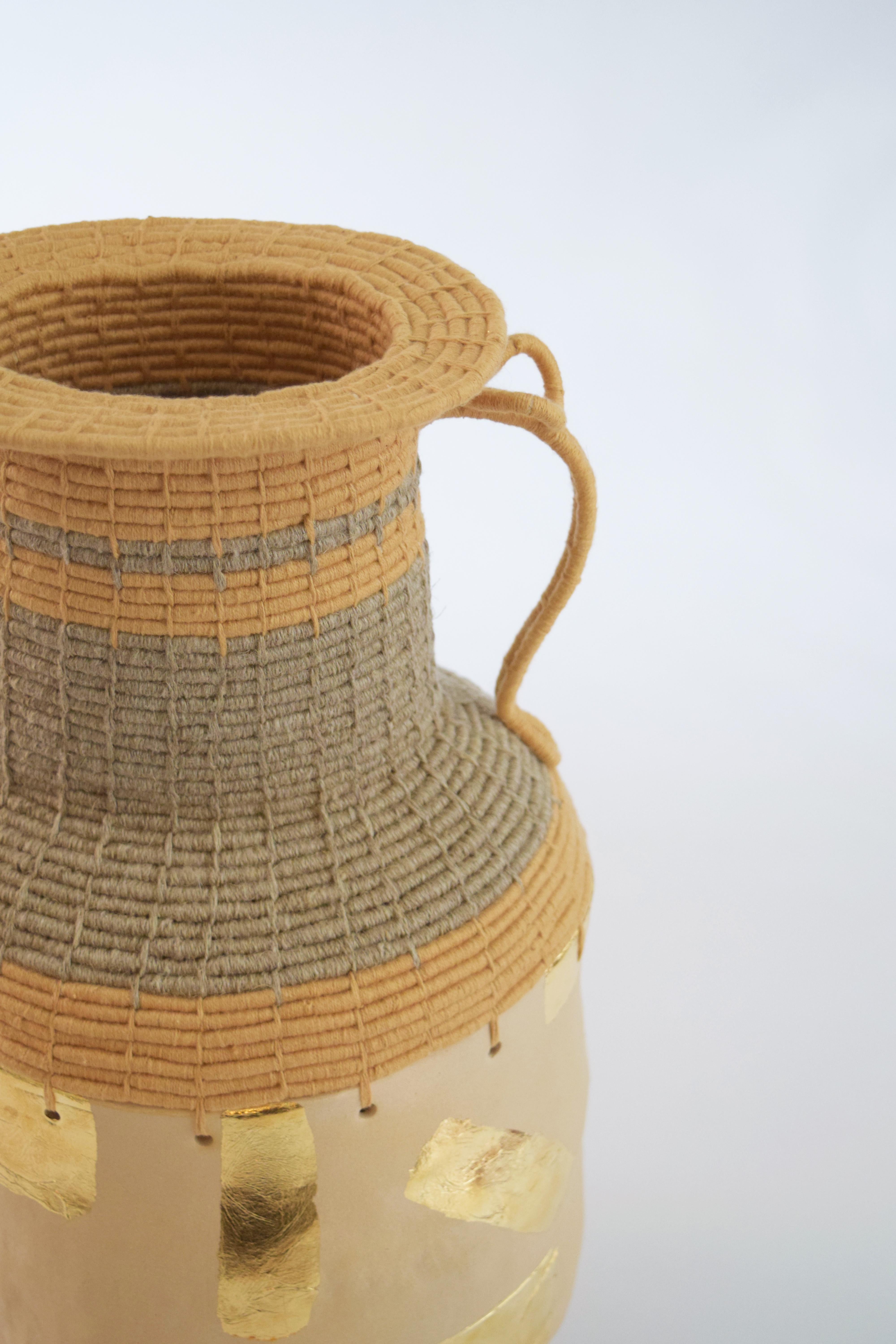 Hand-Woven One of a Kind Ceramic and Woven Cotton/Linen Vessel with Applied Gold Foil