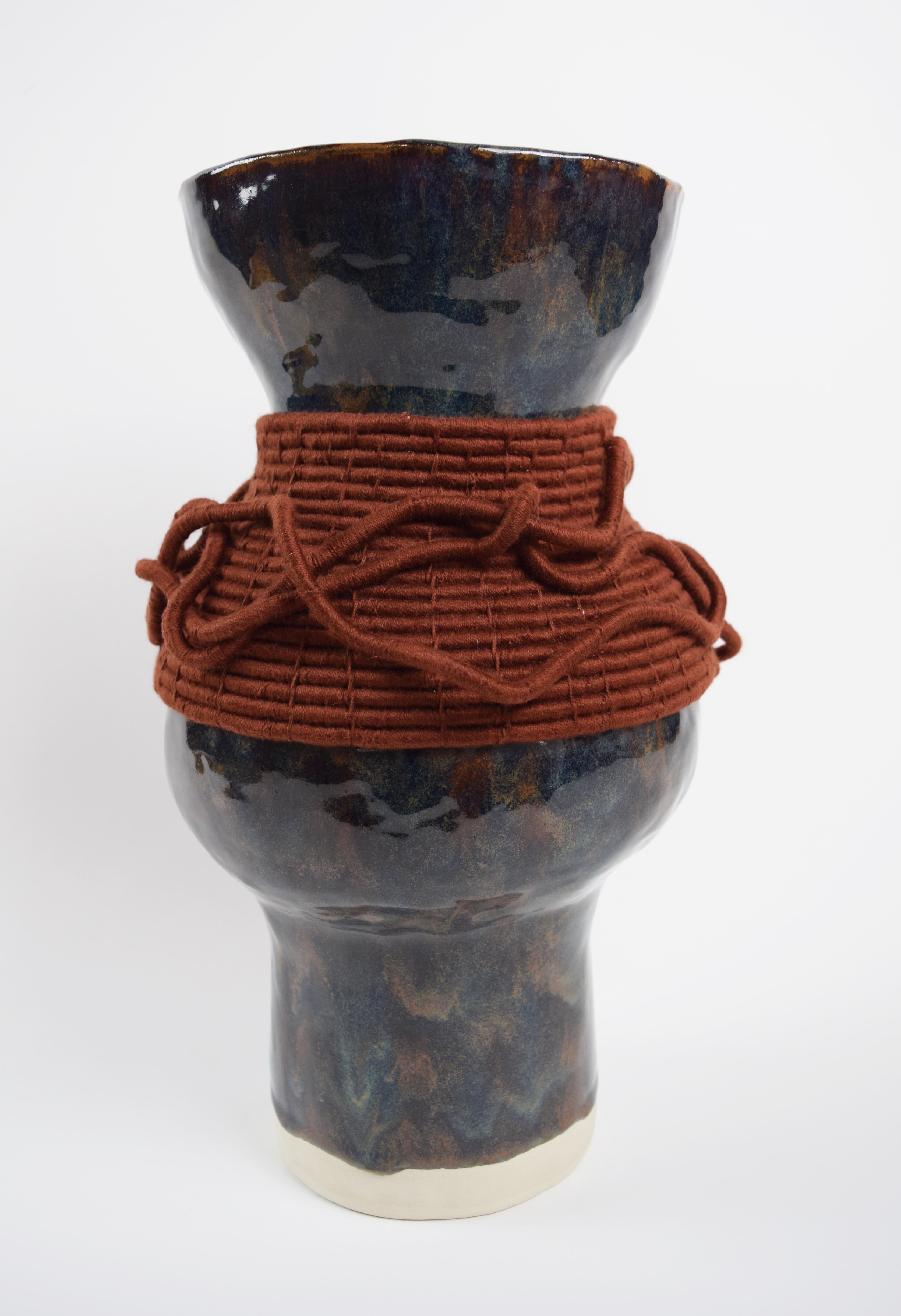 Organic Modern One of a Kind Ceramic and Woven Cotton Vase #728 in Brown with Rust Details