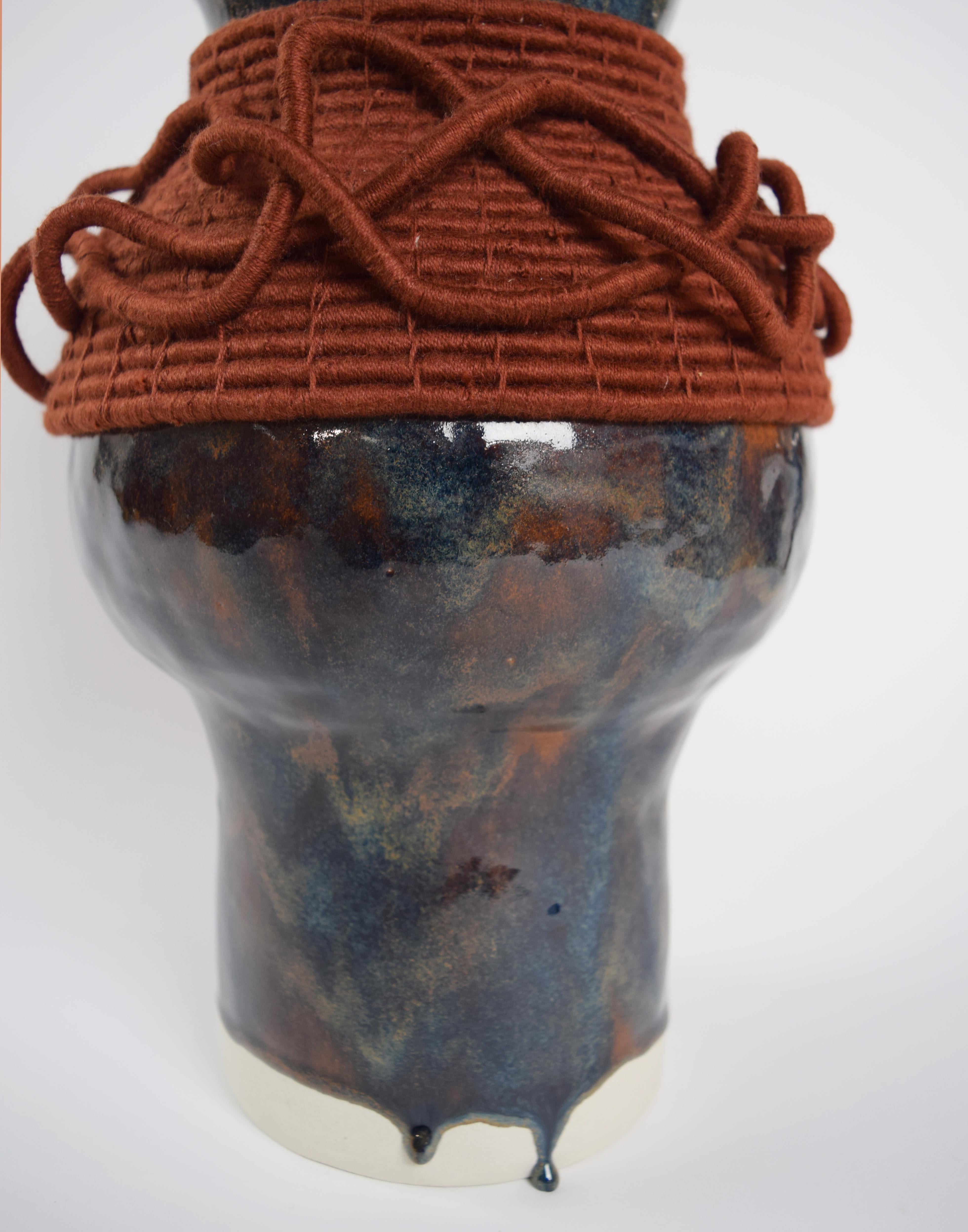 Hand-Crafted One of a Kind Ceramic and Woven Cotton Vase #728 in Brown with Rust Details
