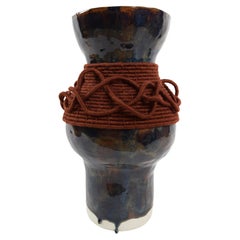 One of a Kind Ceramic and Woven Cotton Vase #728 in Brown with Rust Details