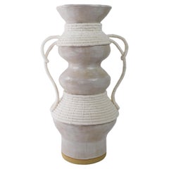 One of a Kind Ceramic and Woven Cotton Vase #729 in White