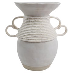 One of a Kind Ceramic and Woven Cotton Vase #730 in White