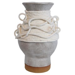 One of a Kind Ceramic and Woven Cotton Vase #741 in White