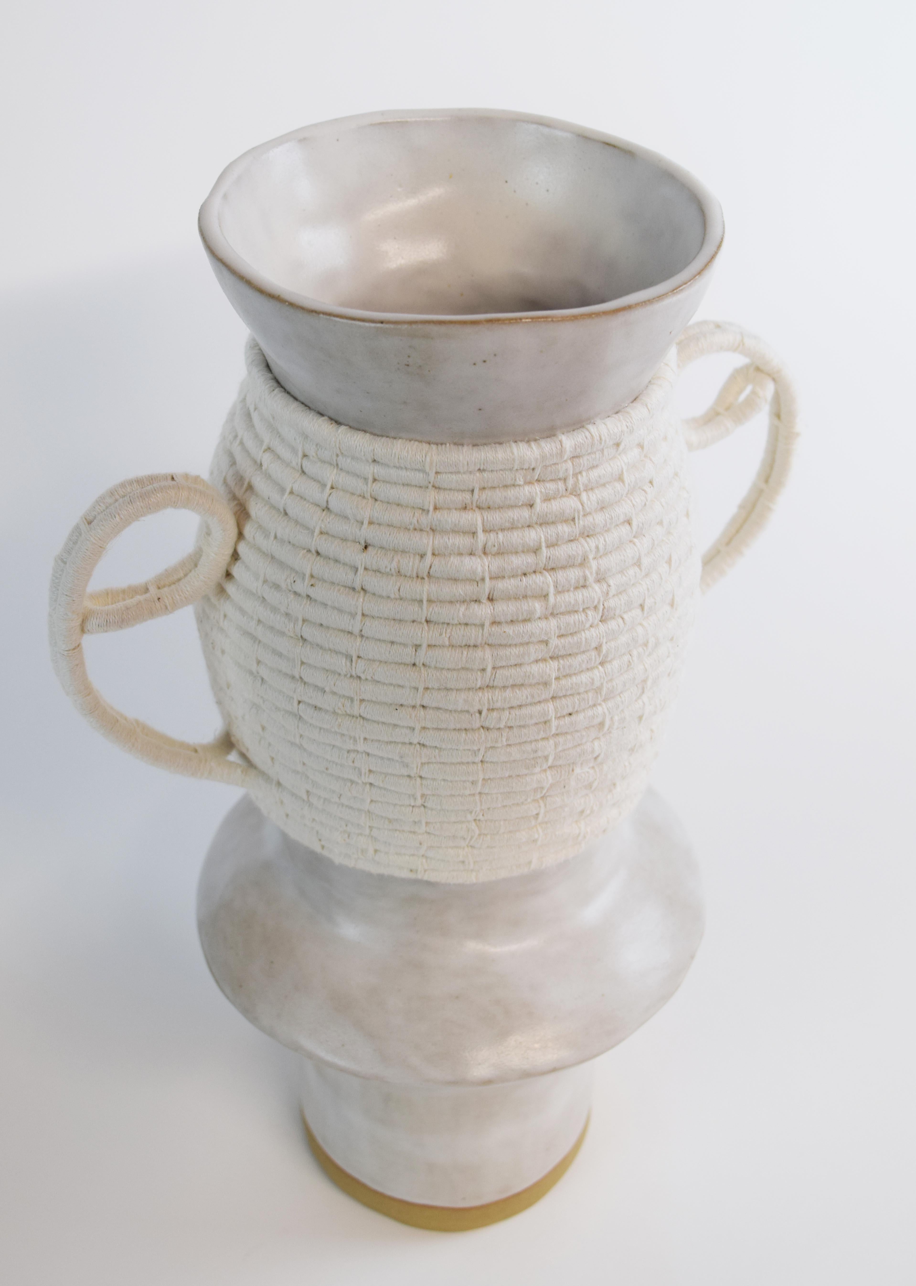 American One of a Kind Ceramic and Woven Cotton Vase #749 - White with White Weaving