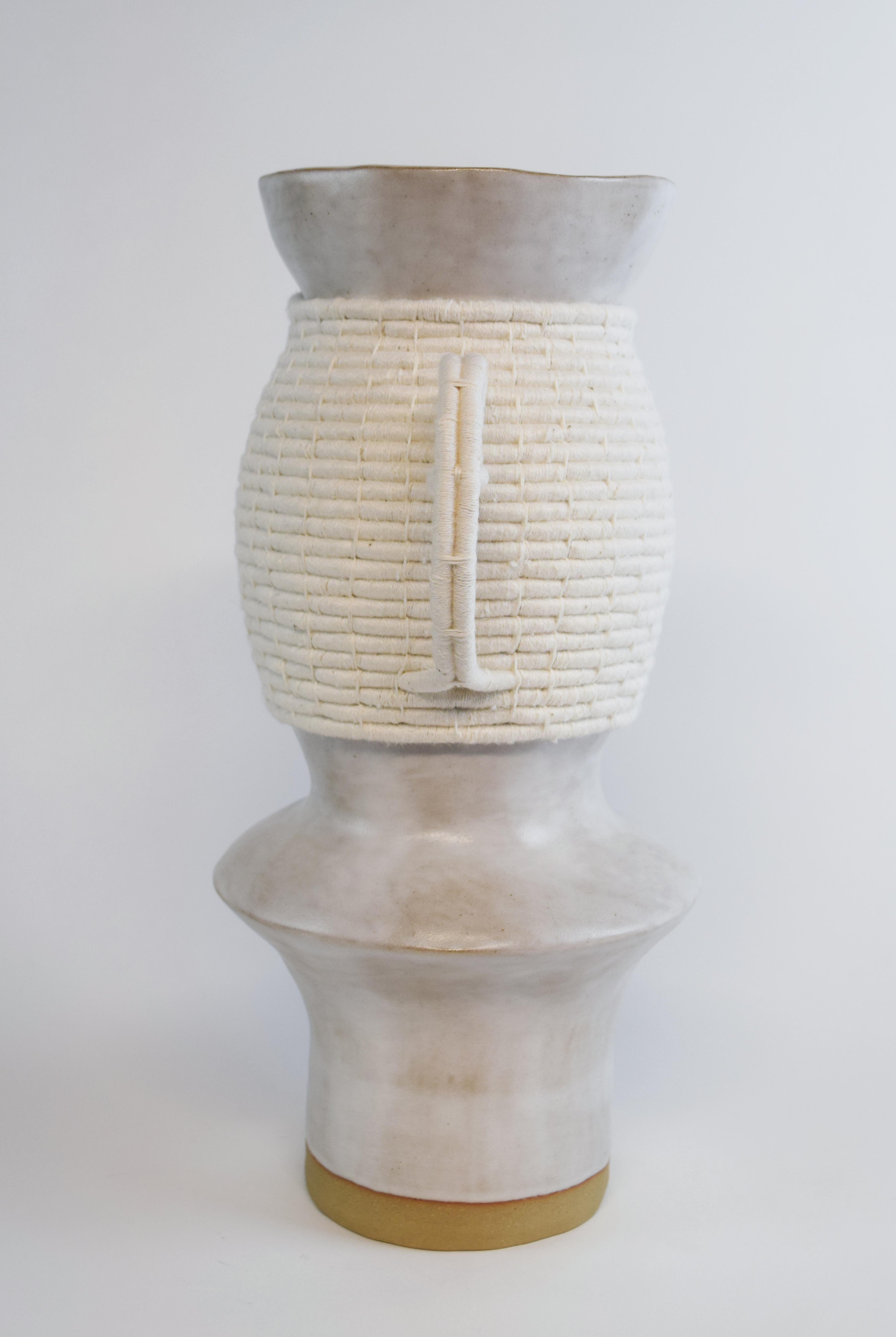 Hand-Crafted One of a Kind Ceramic and Woven Cotton Vase #749 - White with White Weaving