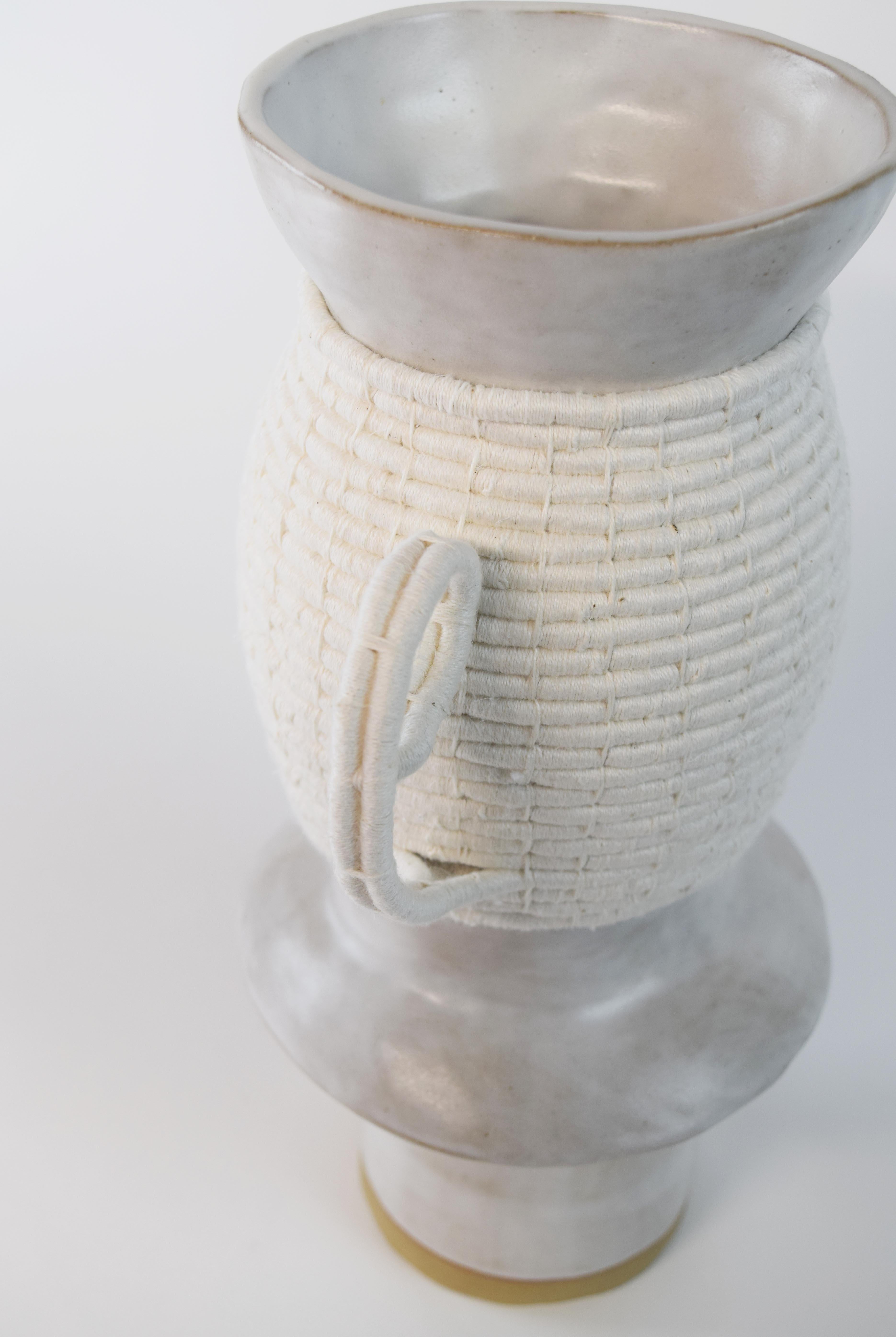One of a Kind Ceramic and Woven Cotton Vase #749 - White with White Weaving In New Condition In Proctorsville, VT
