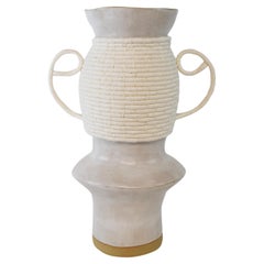 One of a Kind Ceramic and Woven Cotton Vase #749 - White with White Weaving