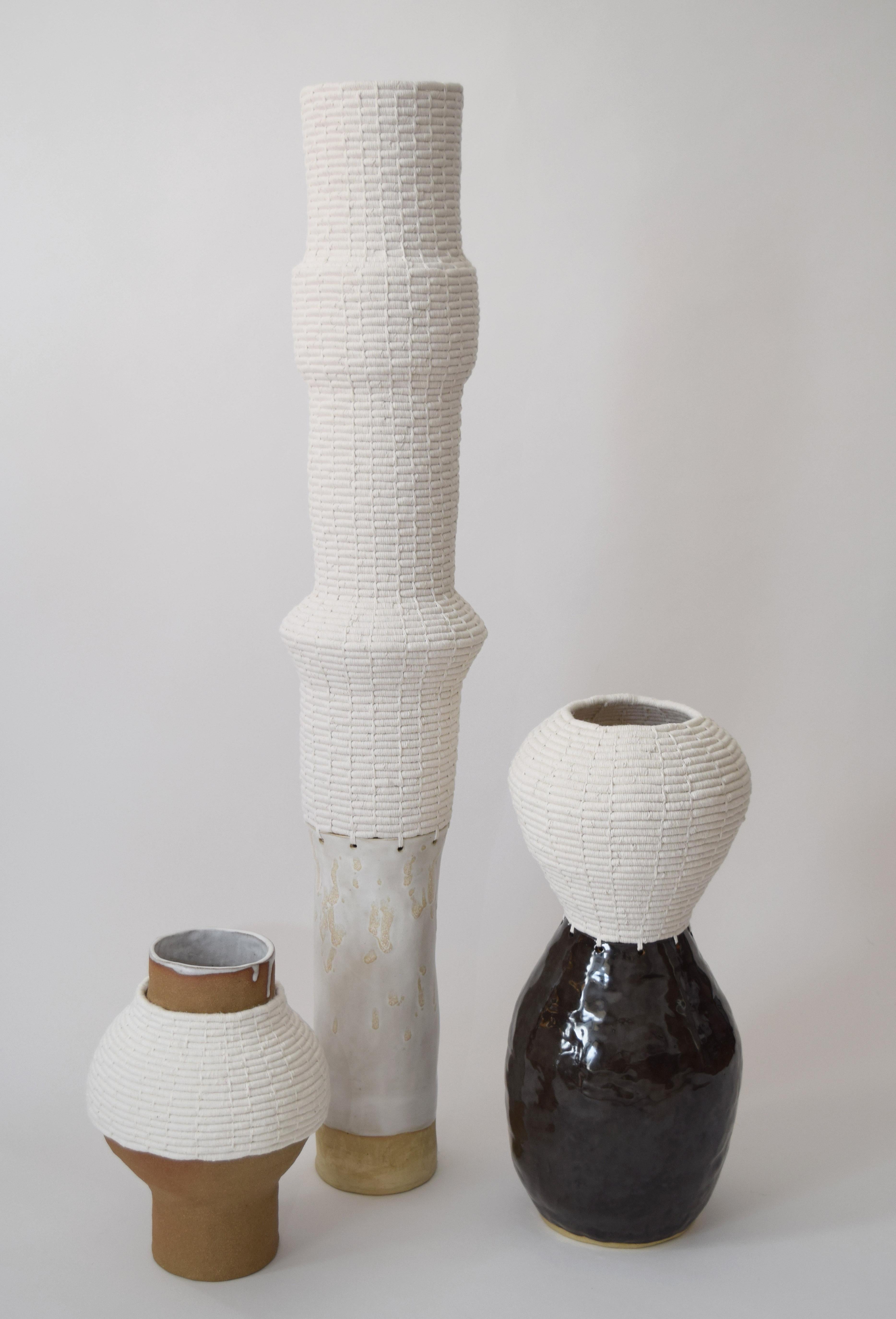 Contemporary One of a Kind Ceramic and Woven Cotton Vase in Natural/White