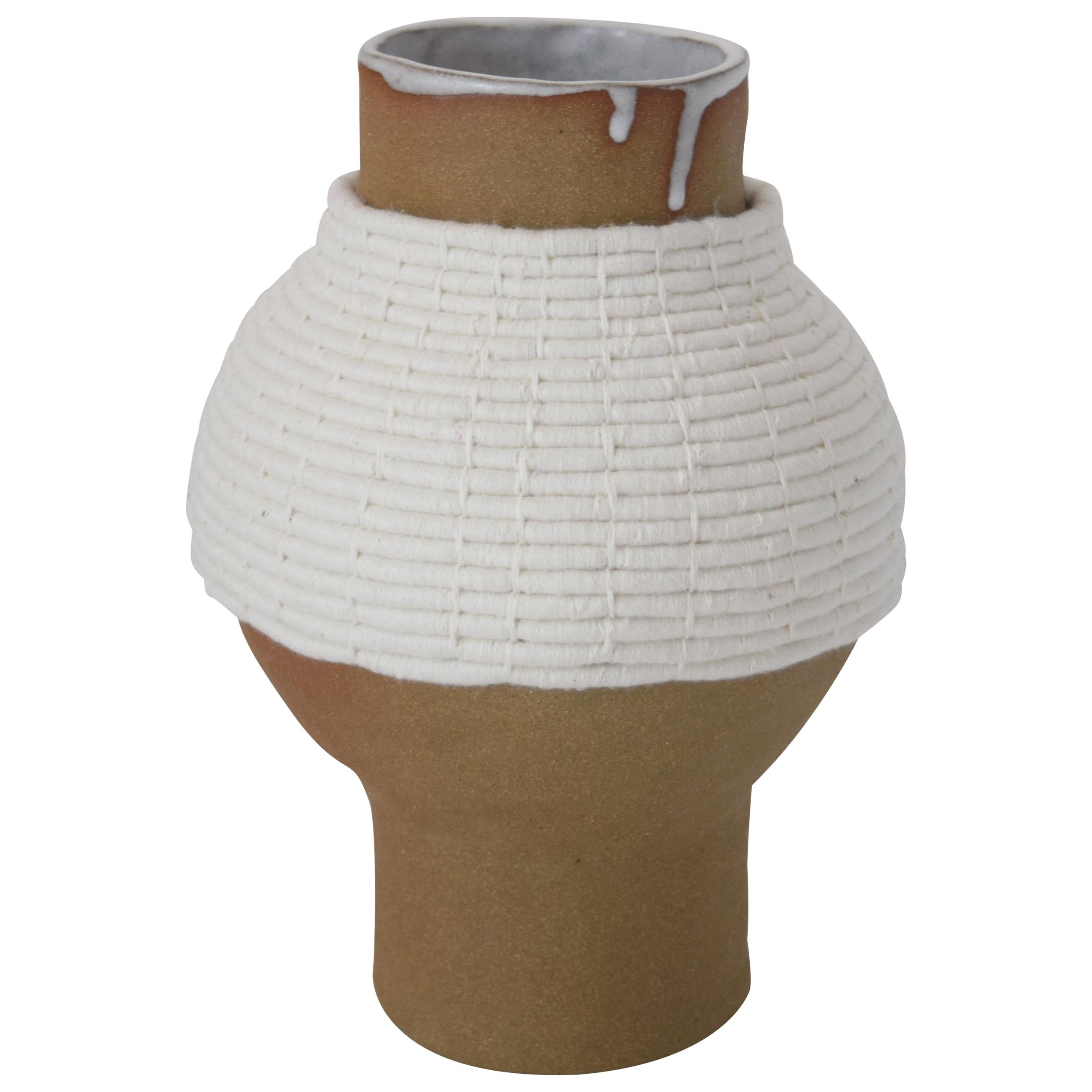 One of a Kind Ceramic and Woven Cotton Vase in Natural/White
