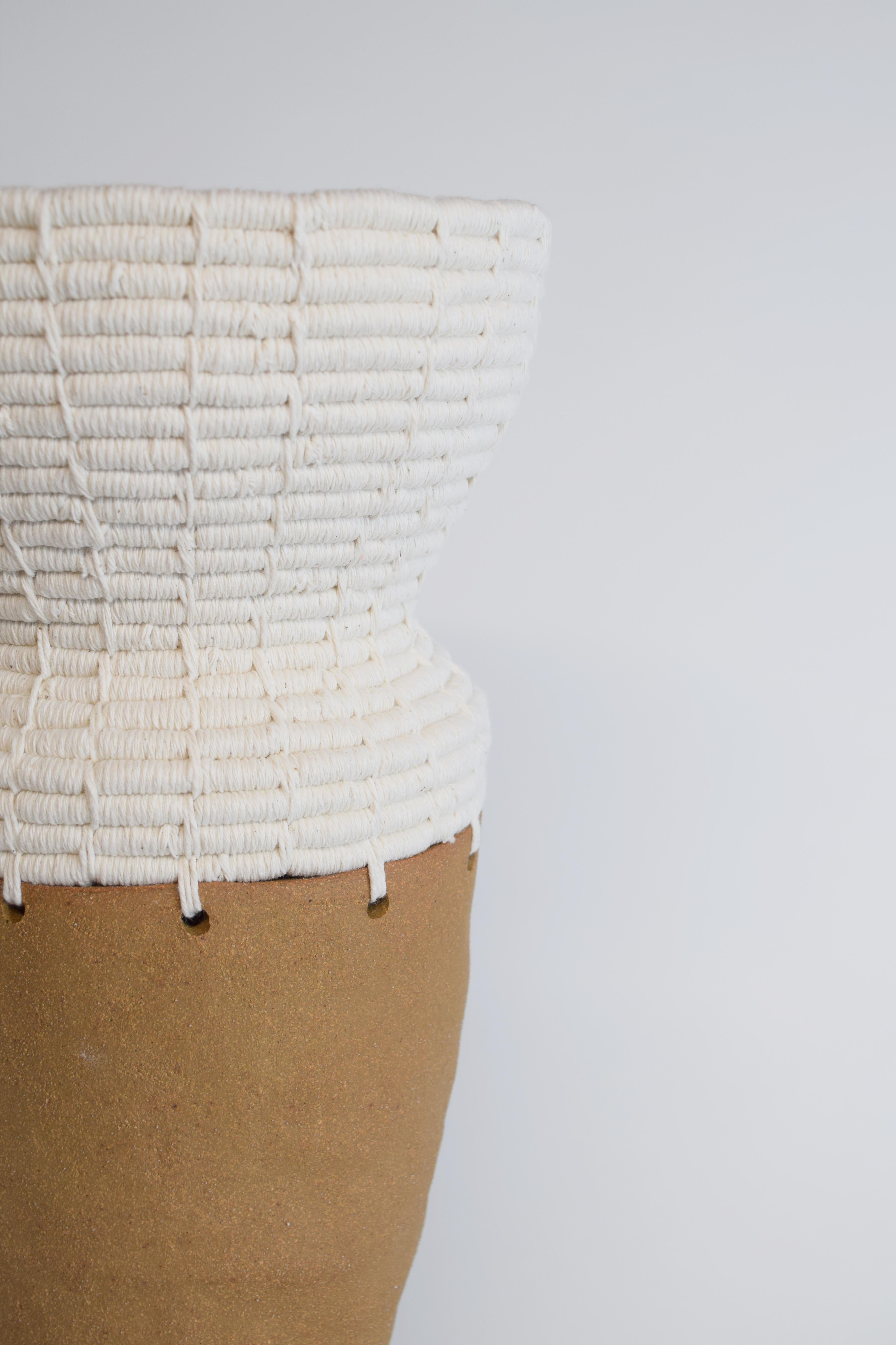 American One of a Kind Ceramic and Woven Cotton Vessel #739, Natural Clay & White Details