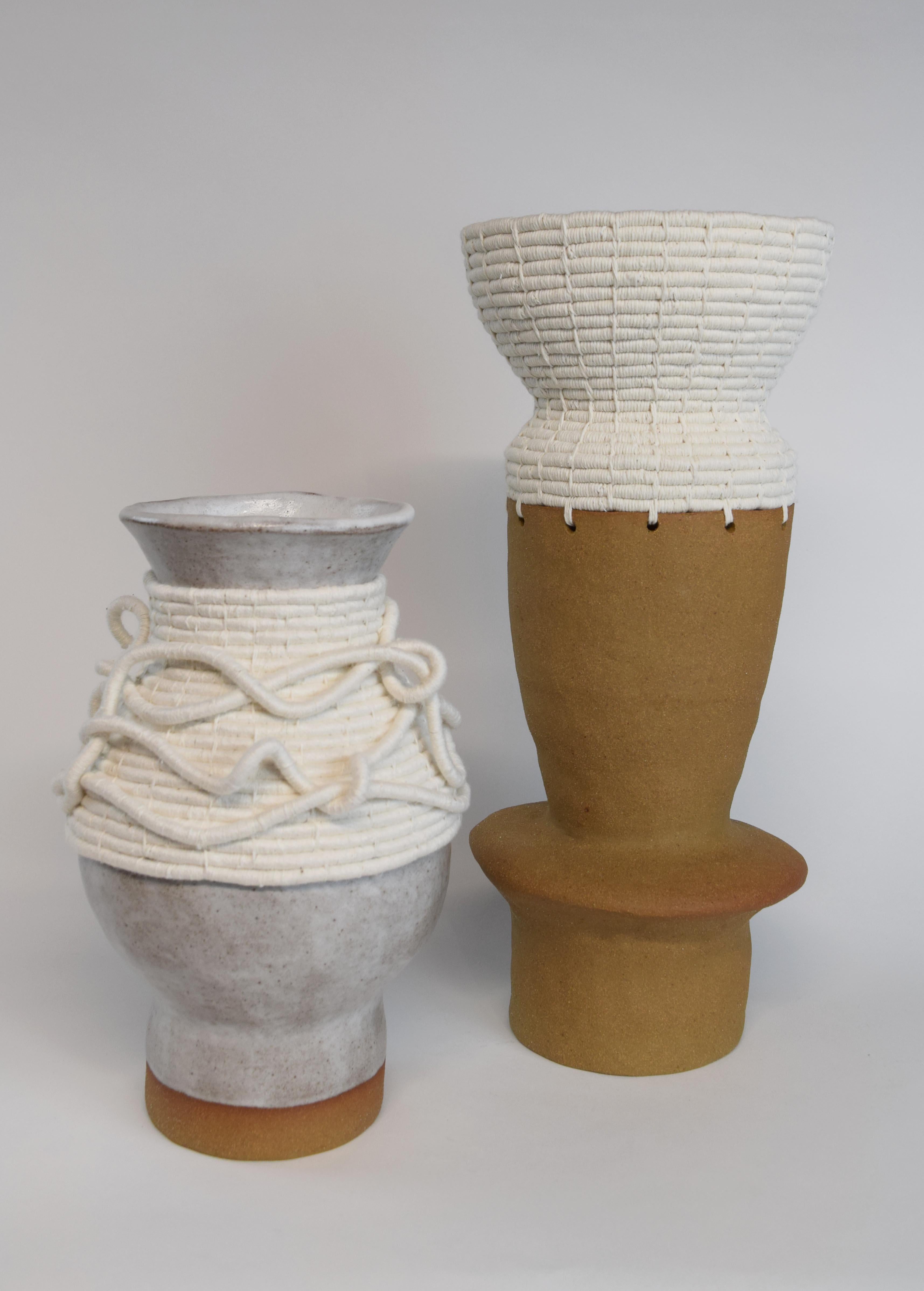 Hand-Crafted One of a Kind Ceramic and Woven Cotton Vessel #739, Natural Clay & White Details