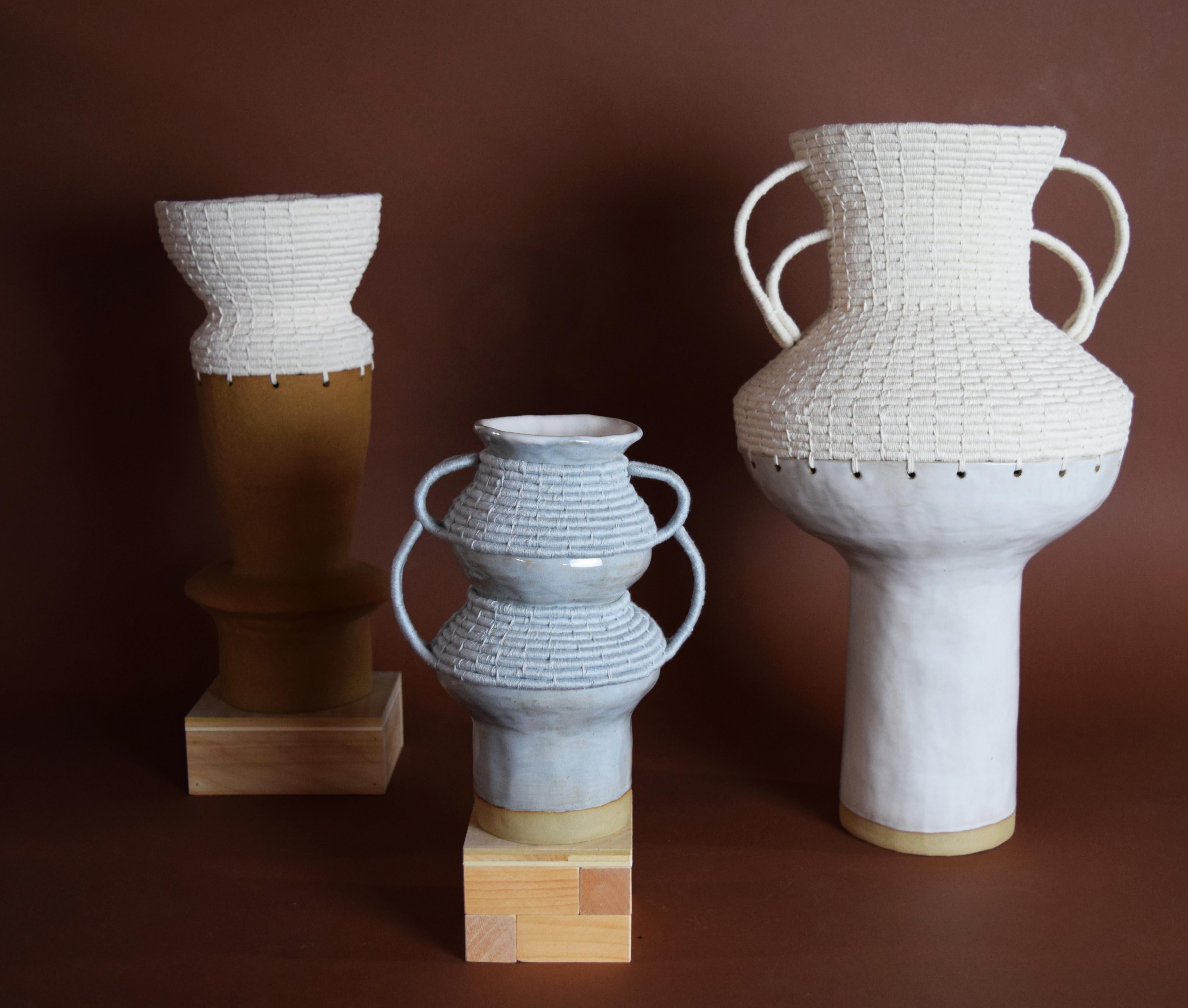 Contemporary One of a Kind Ceramic and Woven Cotton Vessel #739, Natural Clay & White Details