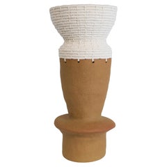 One of a Kind Ceramic and Woven Cotton Vessel #739, Natural Clay & White Details