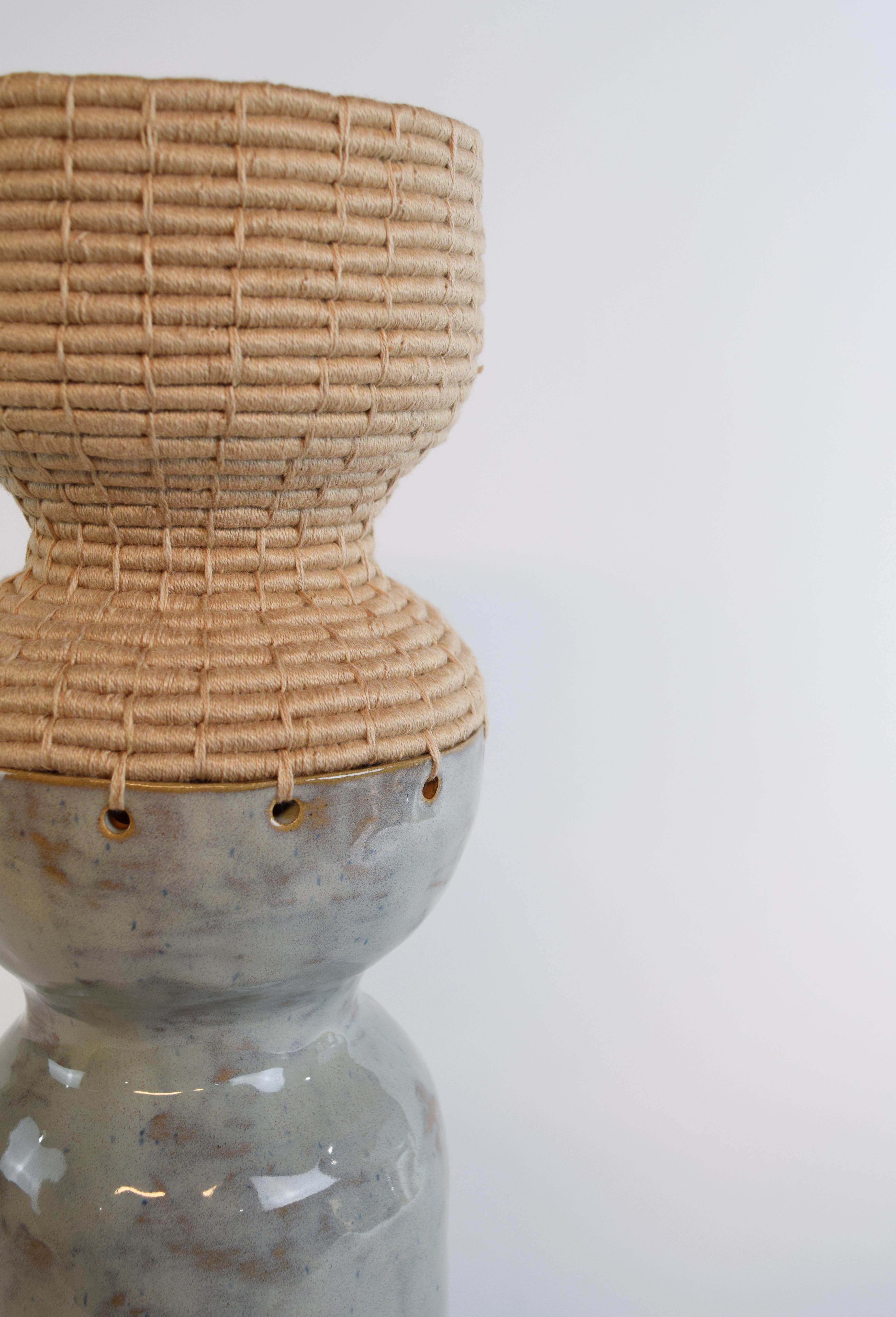 Organic Modern One of a Kind Ceramic and Woven Cotton Vessel #753, Blue Glaze & Tan Weaving