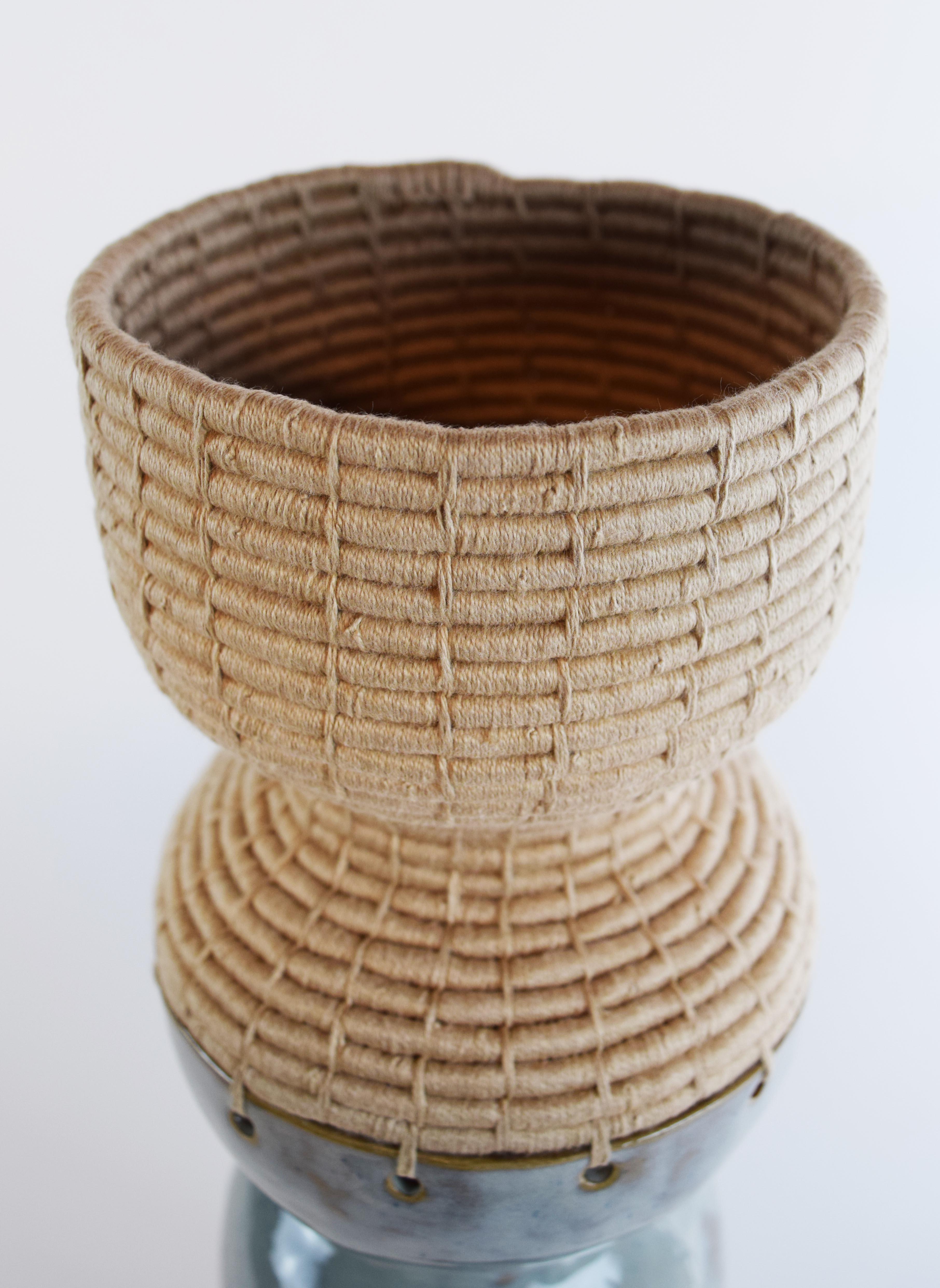American One of a Kind Ceramic and Woven Cotton Vessel #753, Blue Glaze & Tan Weaving