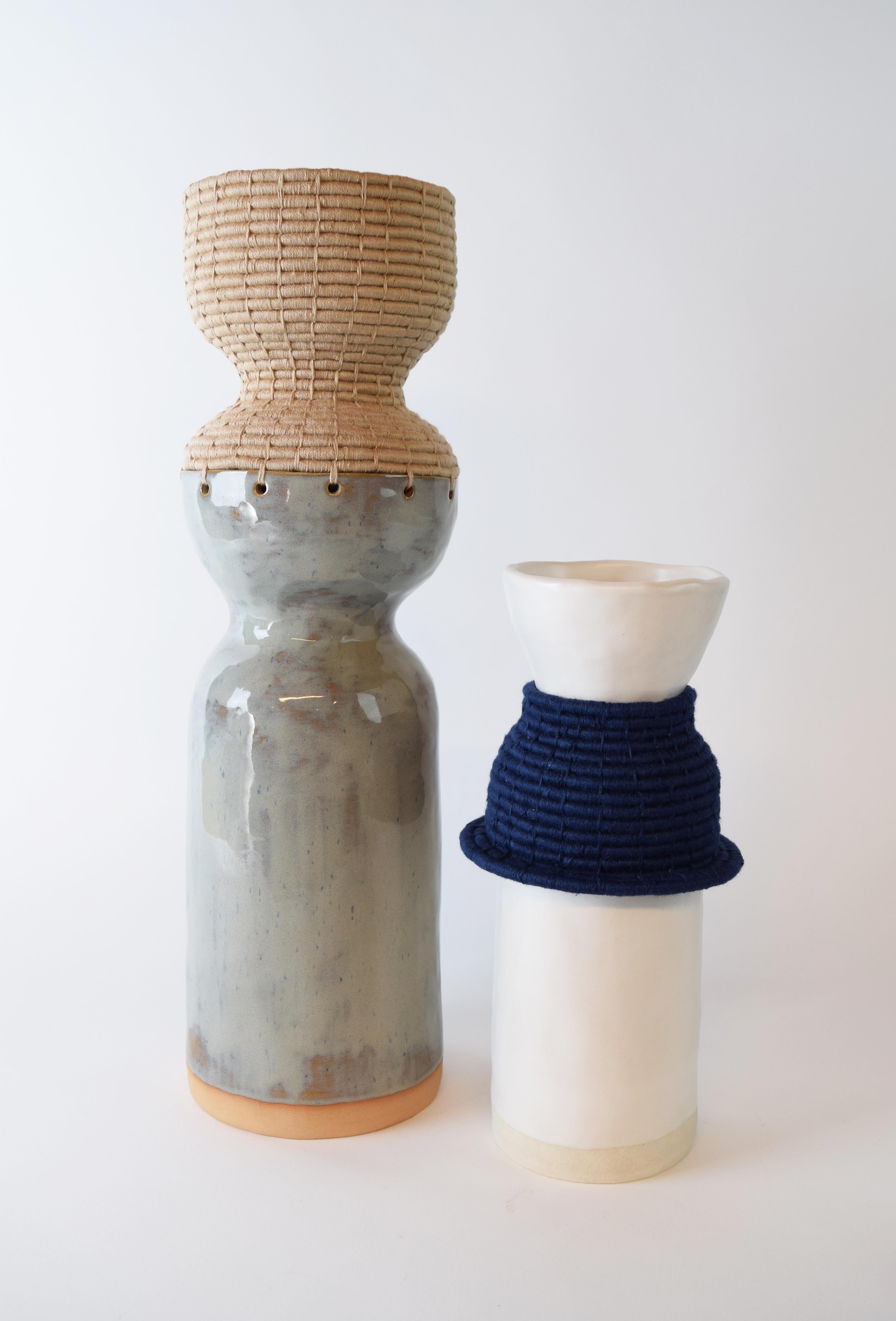 Contemporary One of a Kind Ceramic and Woven Cotton Vessel #753, Blue Glaze & Tan Weaving