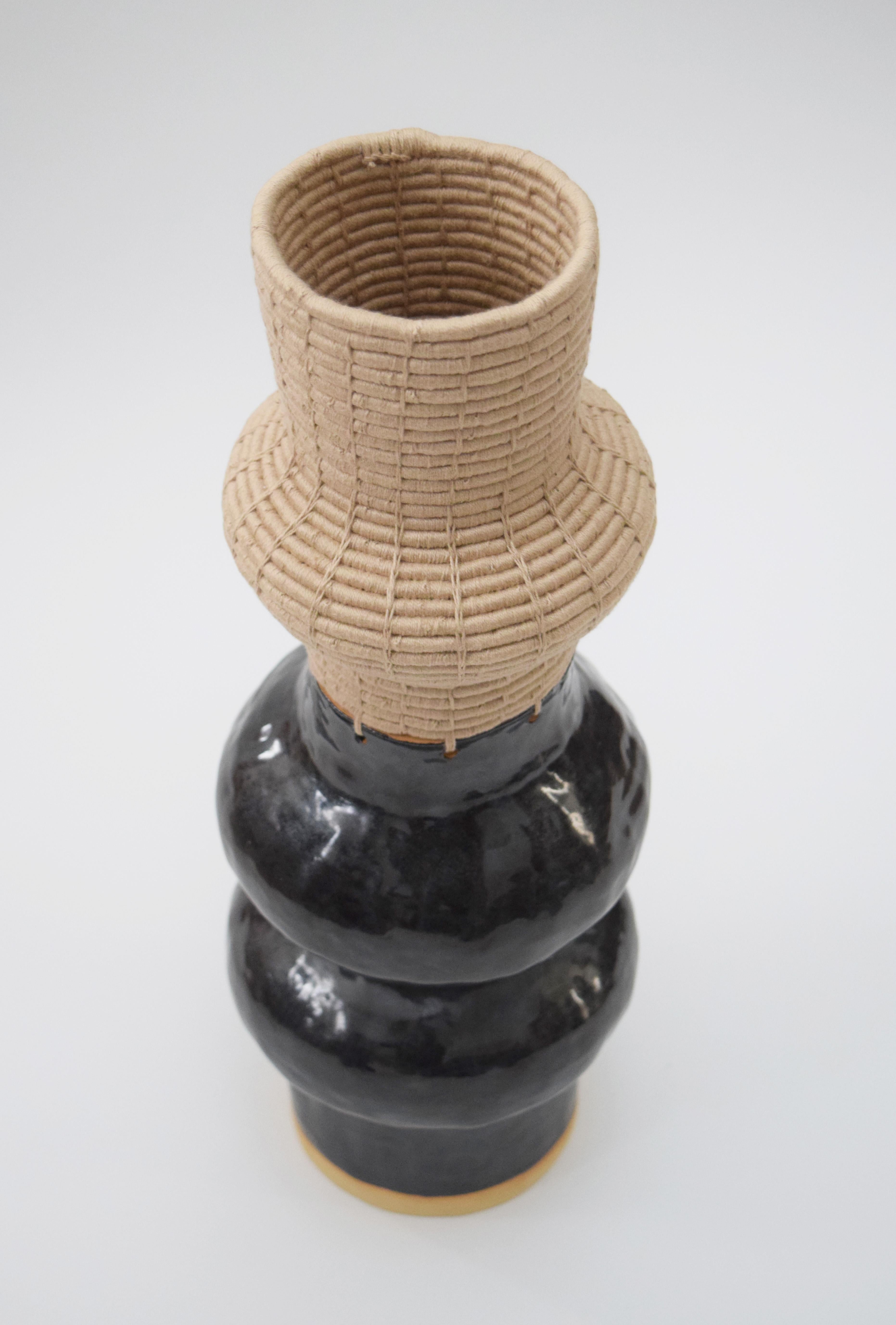 Hand-Crafted One of a Kind Ceramic and Woven Cotton Vessel in Black or Tan