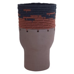 One of a Kind Ceramic and Woven Cotton Vessel in Brown/Black