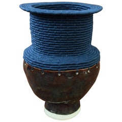 One of a Kind Ceramic and Woven Cotton Vessel in Brown/Navy