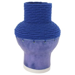 One of a Kind Ceramic and Woven Cotton Vessel in Cobalt