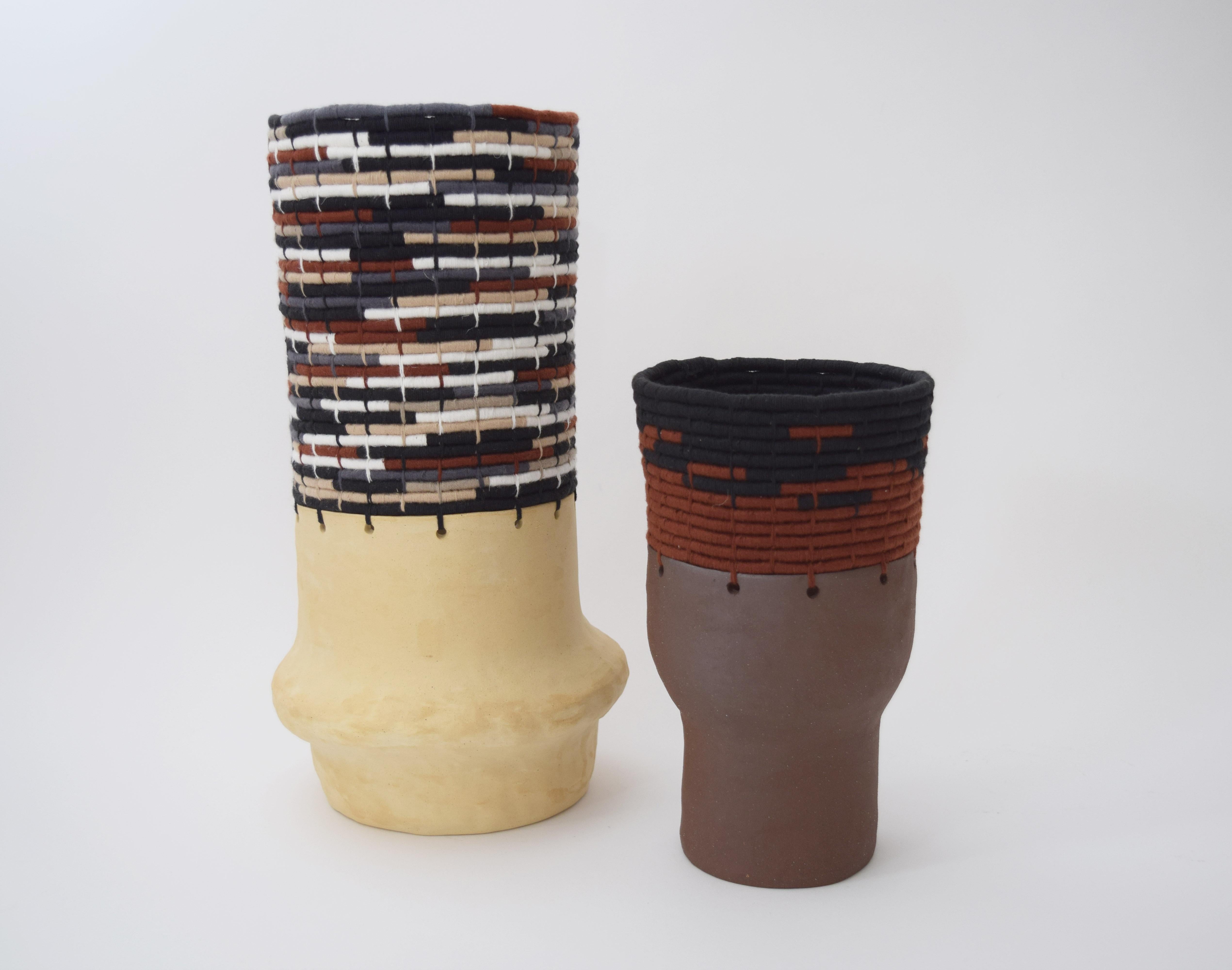 Contemporary One of a Kind Ceramic and Woven Cotton Vessel in Multi