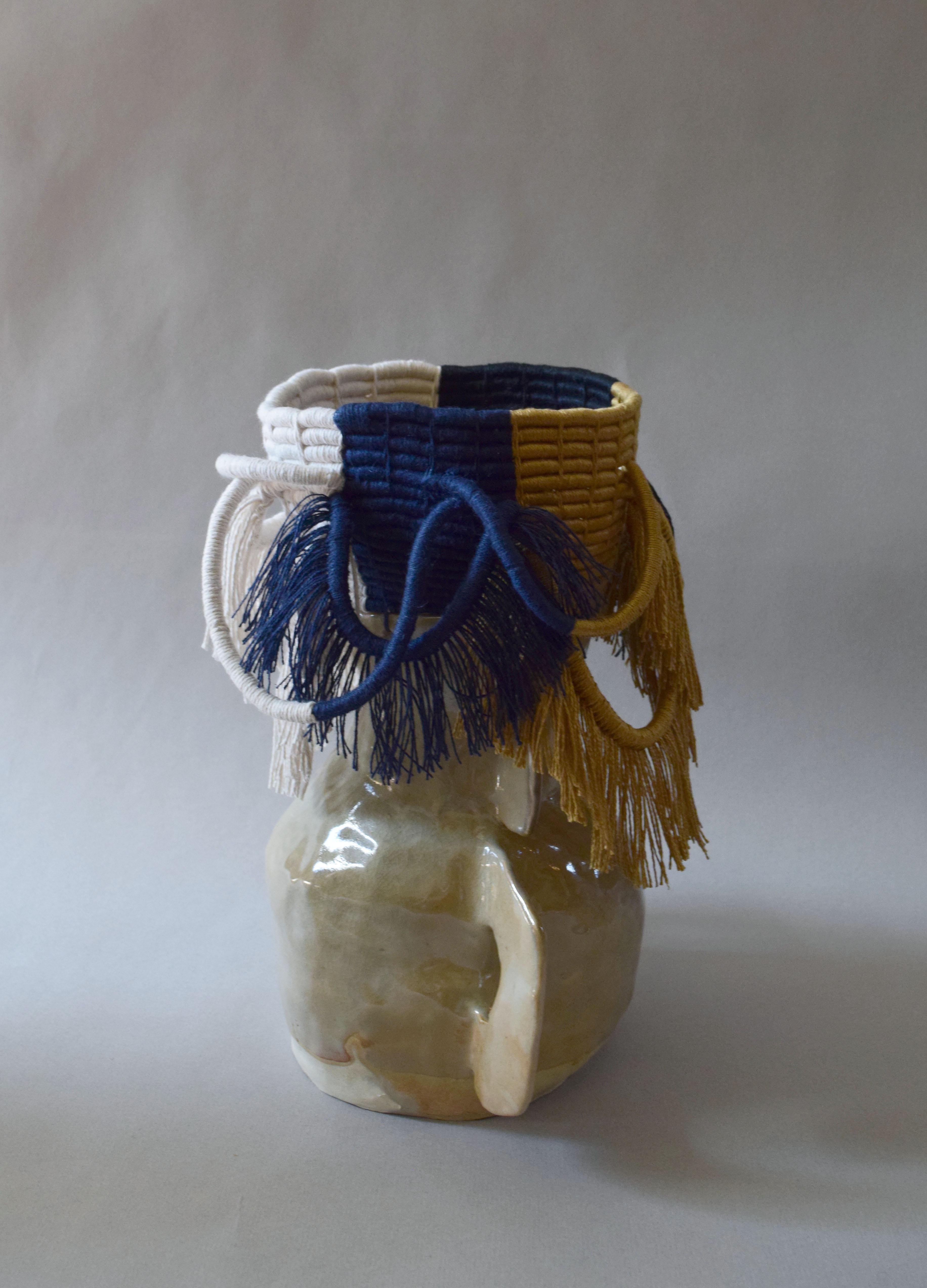 One of a Kind Ceramic and Woven Cotton Vessel in Natural, Gold, Black, Navy (Handgefertigt)