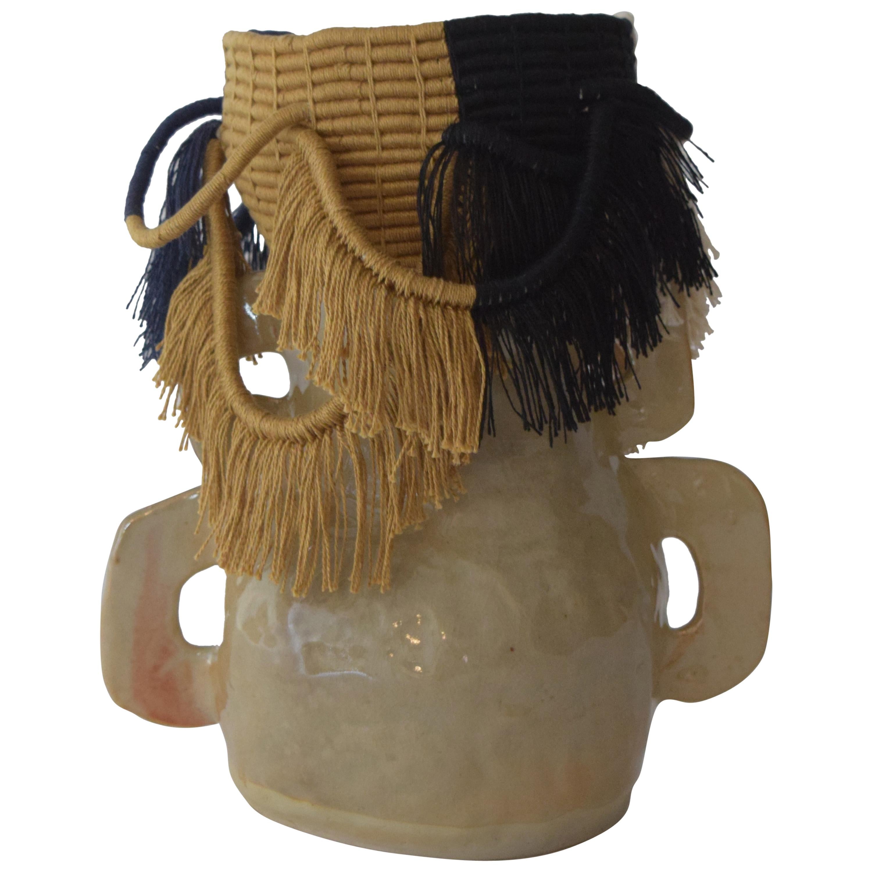 One of a Kind Ceramic and Woven Cotton Vessel in Natural, Gold, Black, Navy