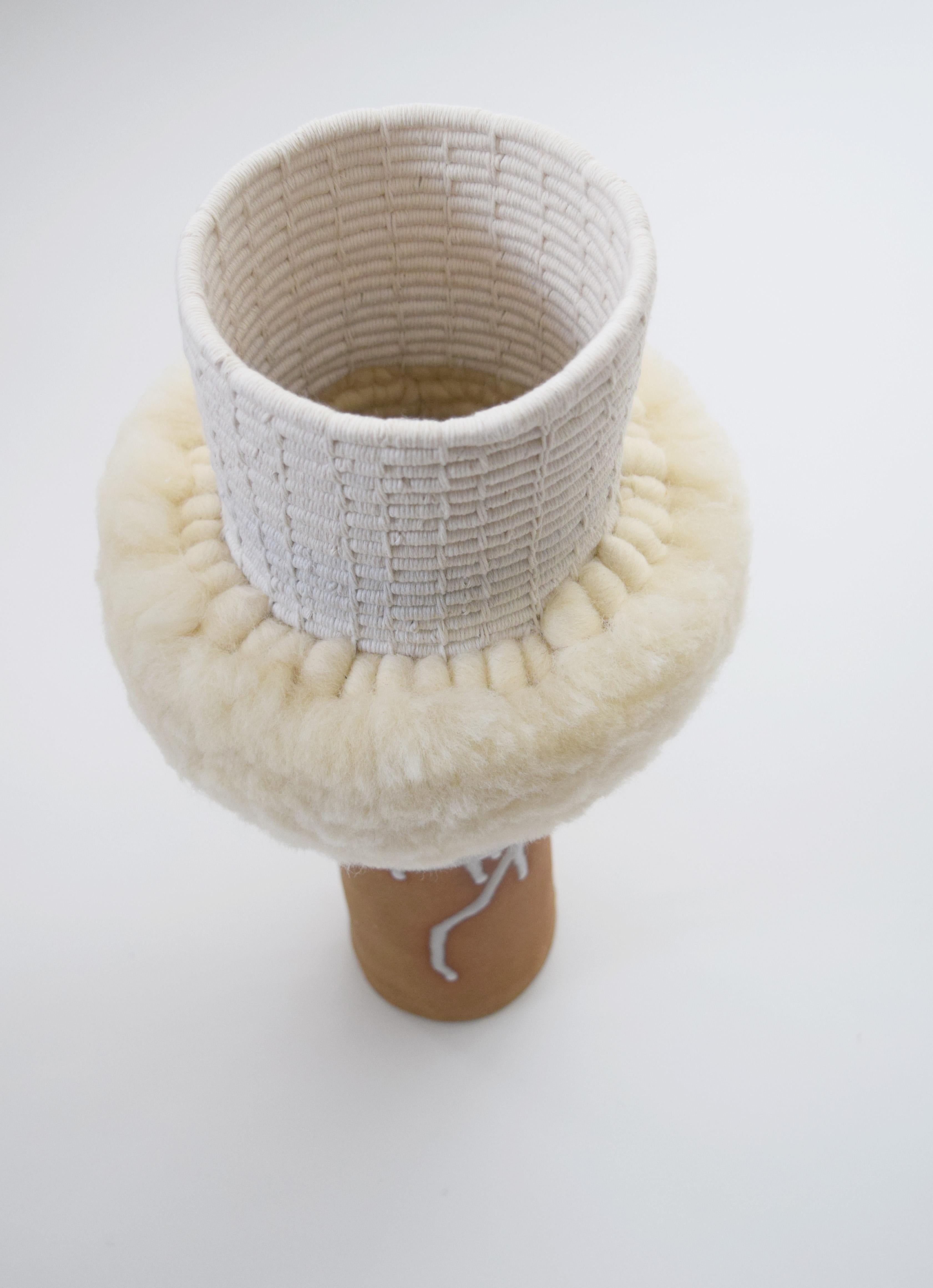 Hand-Crafted One of a Kind Ceramic and Woven Cotton Vessel in Natural/White with Wool Detail