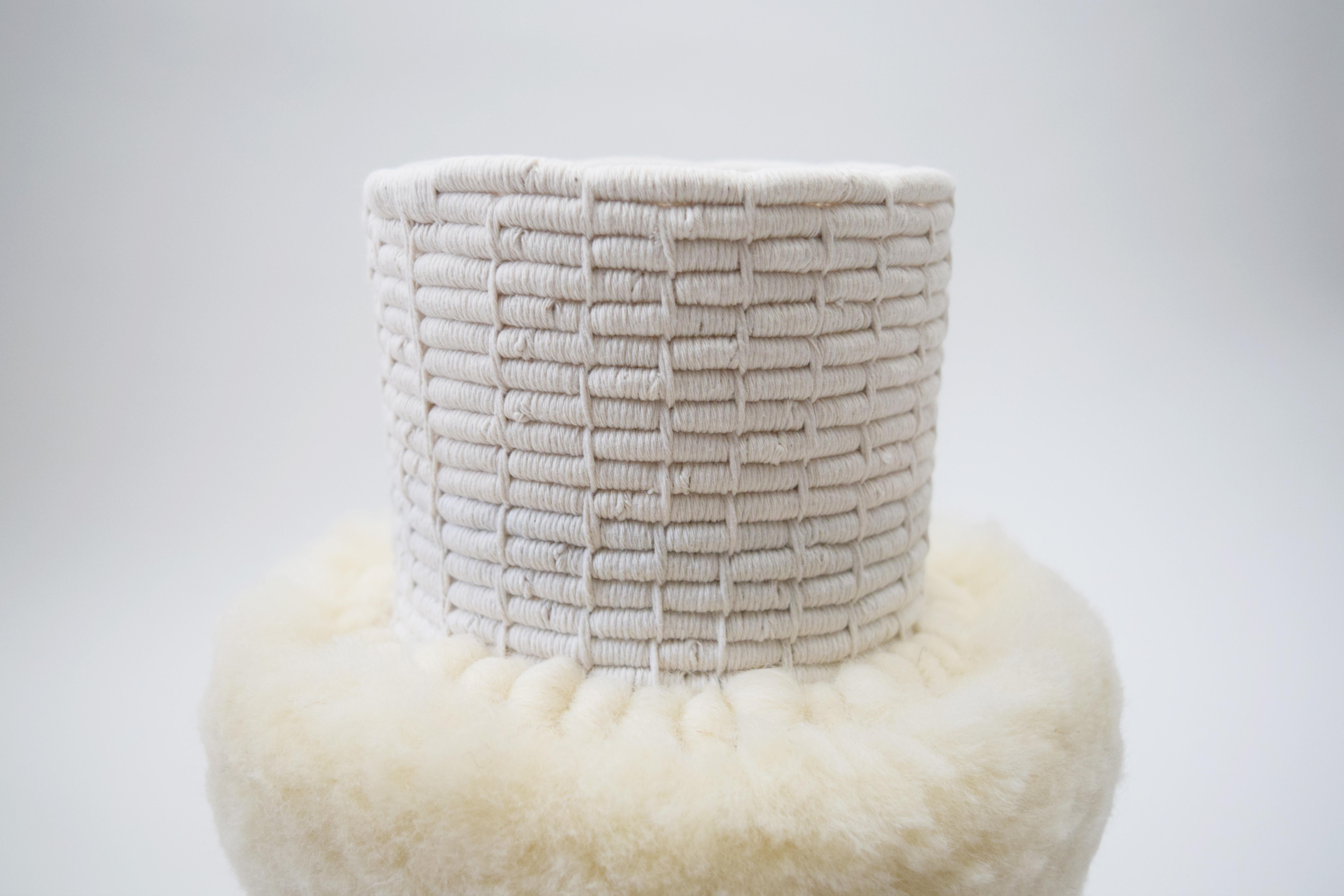 One of a Kind Ceramic and Woven Cotton Vessel in Natural/White with Wool Detail In New Condition In Proctorsville, VT