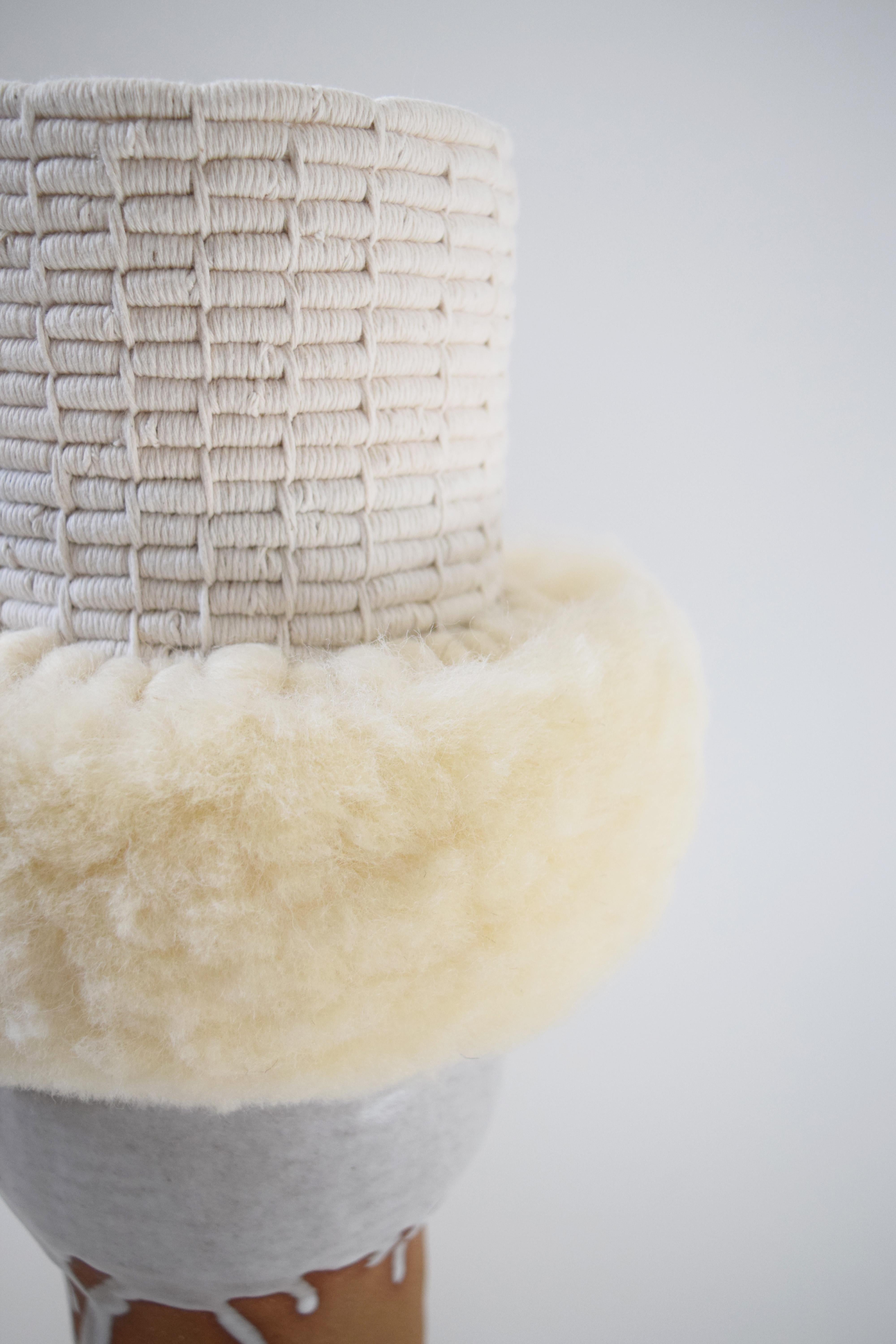 Contemporary One of a Kind Ceramic and Woven Cotton Vessel in Natural/White with Wool Detail