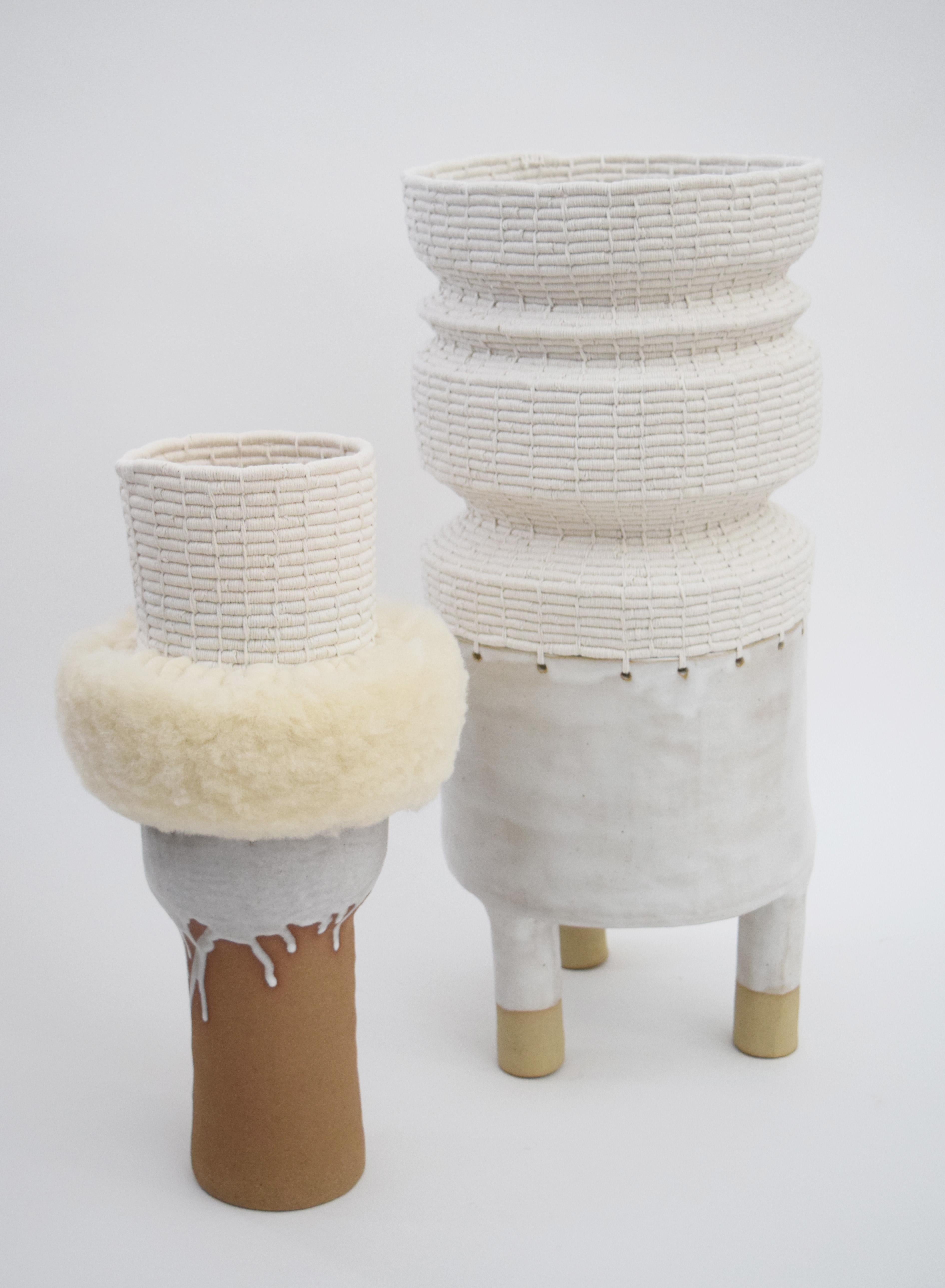 One of a Kind Ceramic and Woven Cotton Vessel in Natural/White with Wool Detail 1