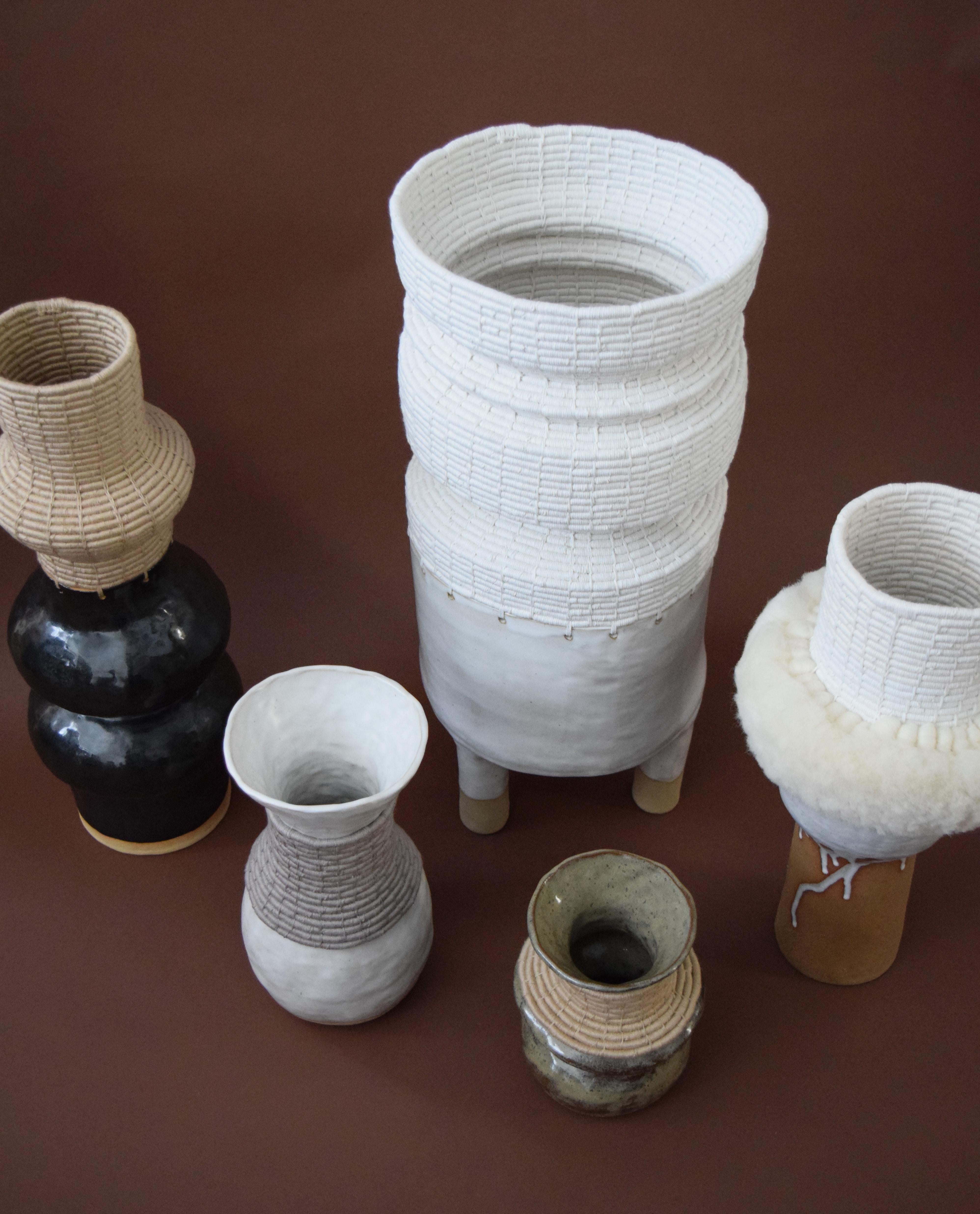 One of a Kind Ceramic and Woven Cotton Vessel in Natural/White with Wool Detail 2