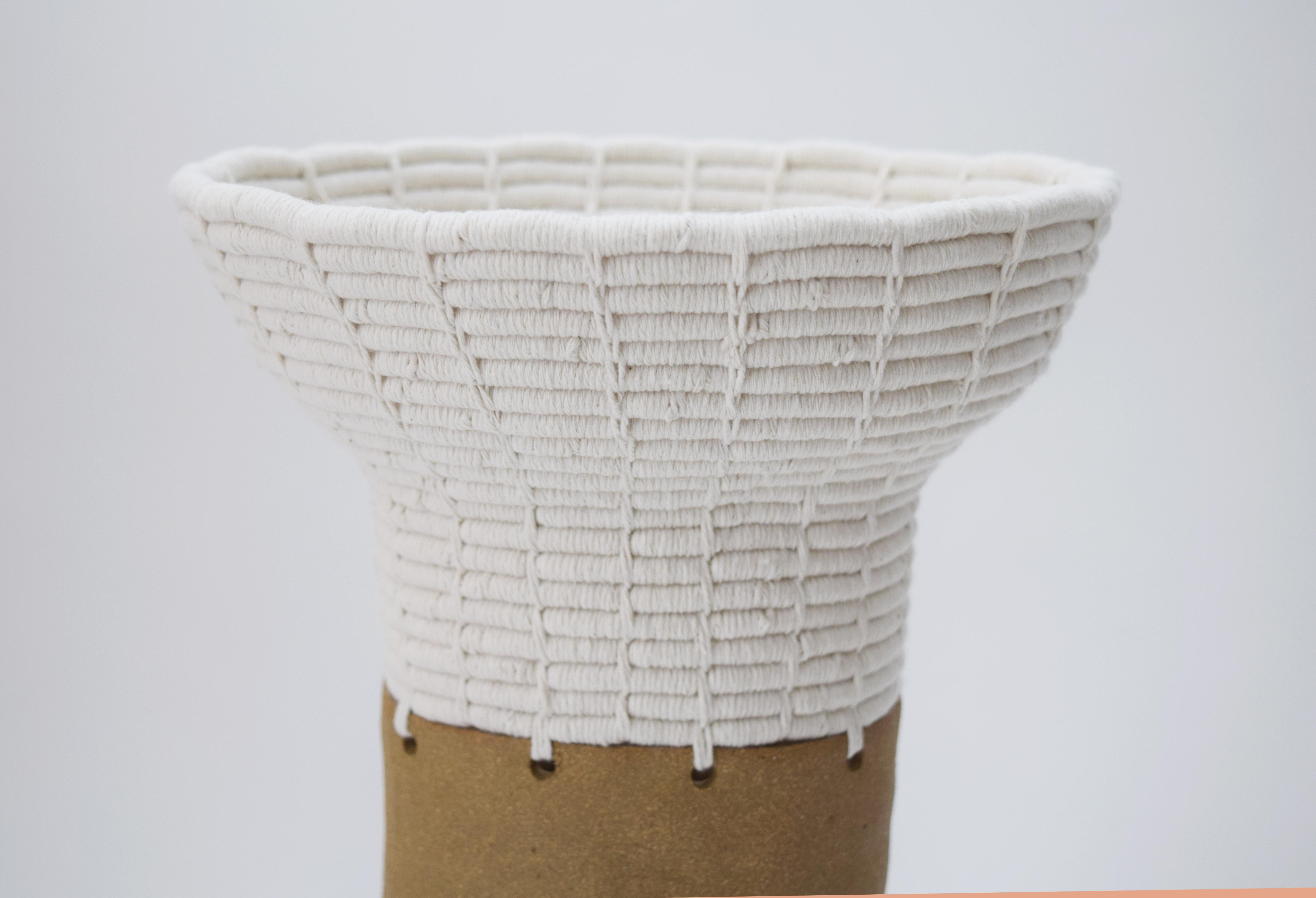Hand-Crafted One of a Kind Ceramic and Woven Cotton Vessel Natural/White