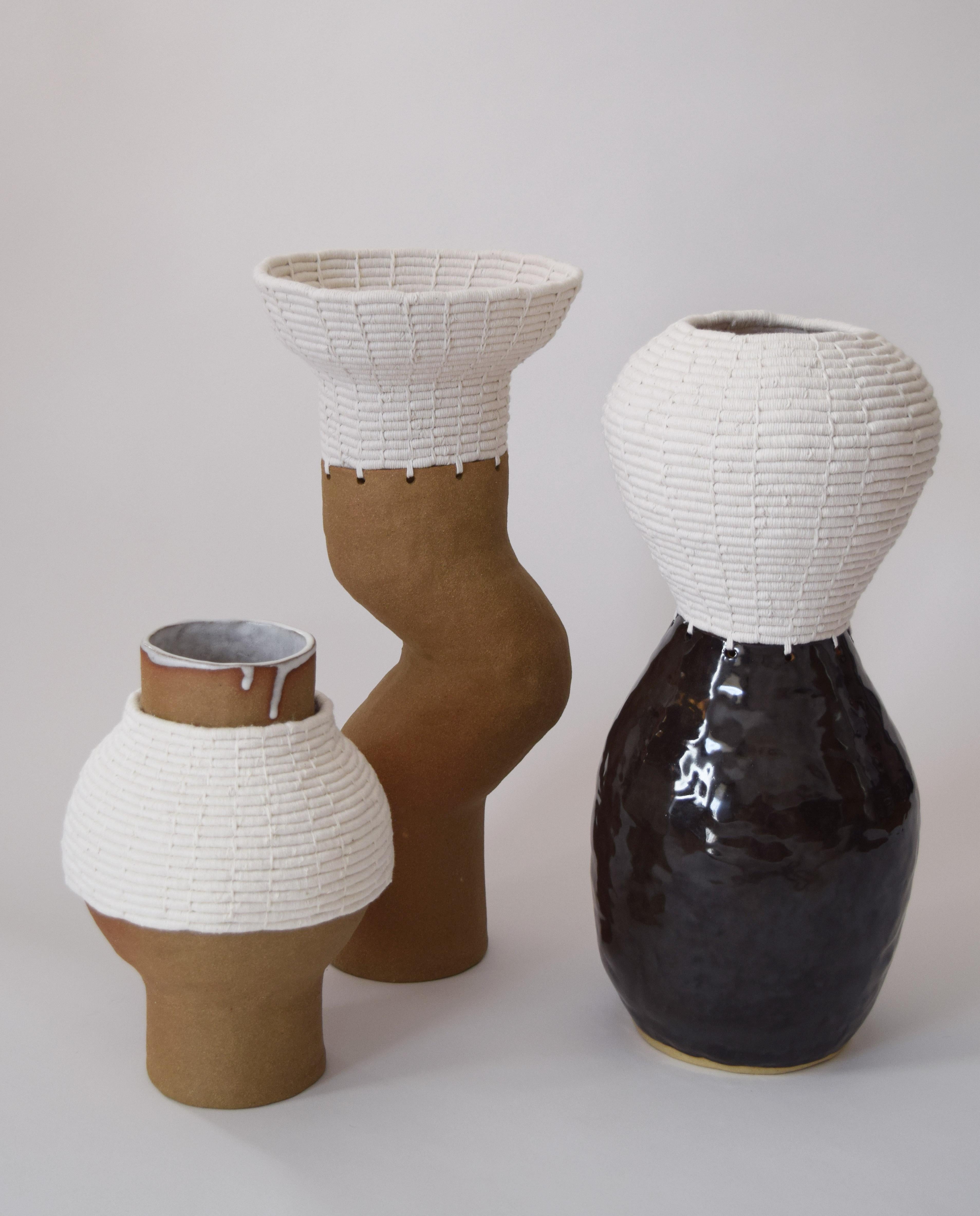 One of a Kind Ceramic and Woven Cotton Vessel Natural/White 2