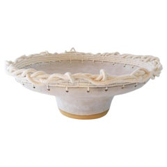 One of a Kind Ceramic Bowl #769, White Satin Glaze & Woven Cotton Edge Detail