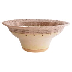 One of a Kind Ceramic Bowl #770, Matte Tan Glaze & Woven Cotton Edge Detail