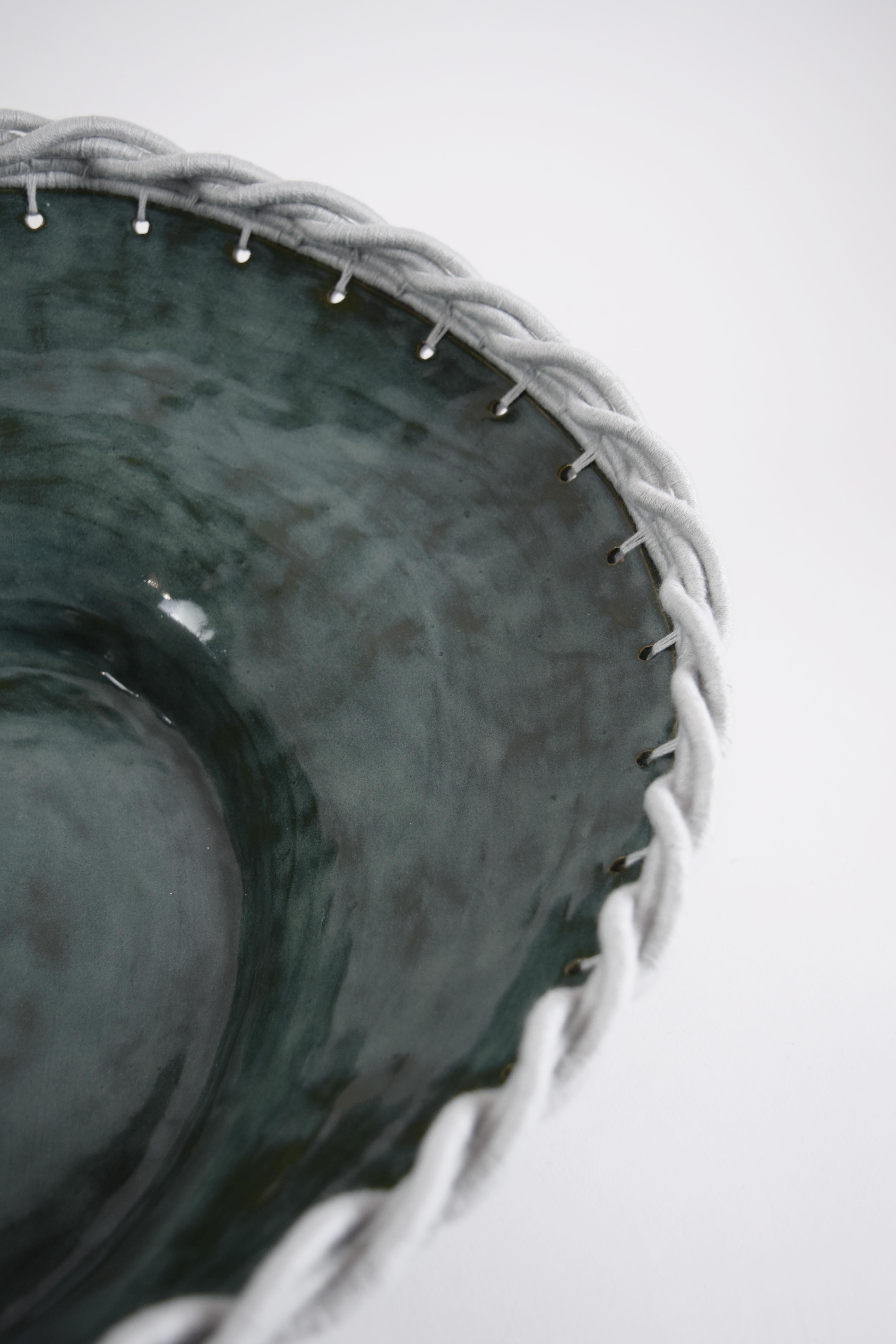 Organic Modern One of a Kind Ceramic Bowl #830, Green-Blue Glaze & Woven Pale Blue Cotton