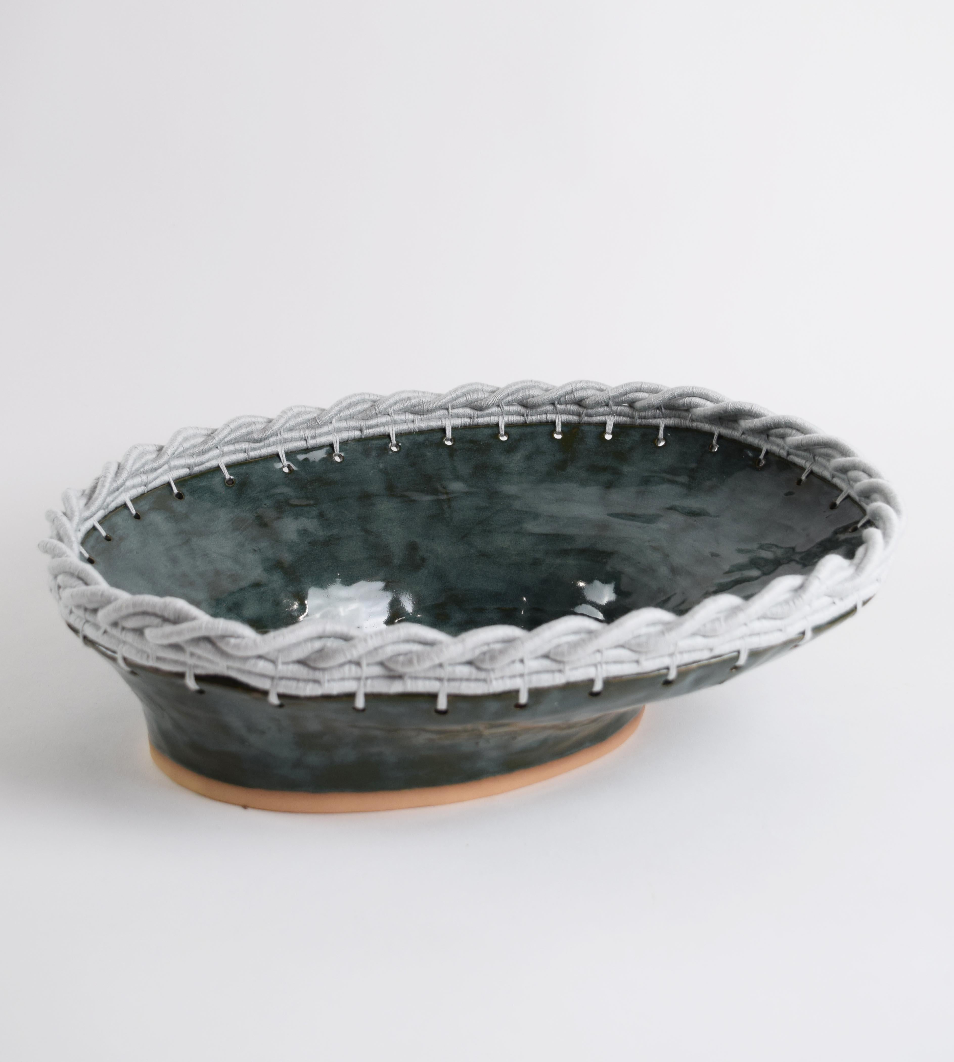 Hand-Knotted One of a Kind Ceramic Bowl #830, Green-Blue Glaze & Woven Pale Blue Cotton