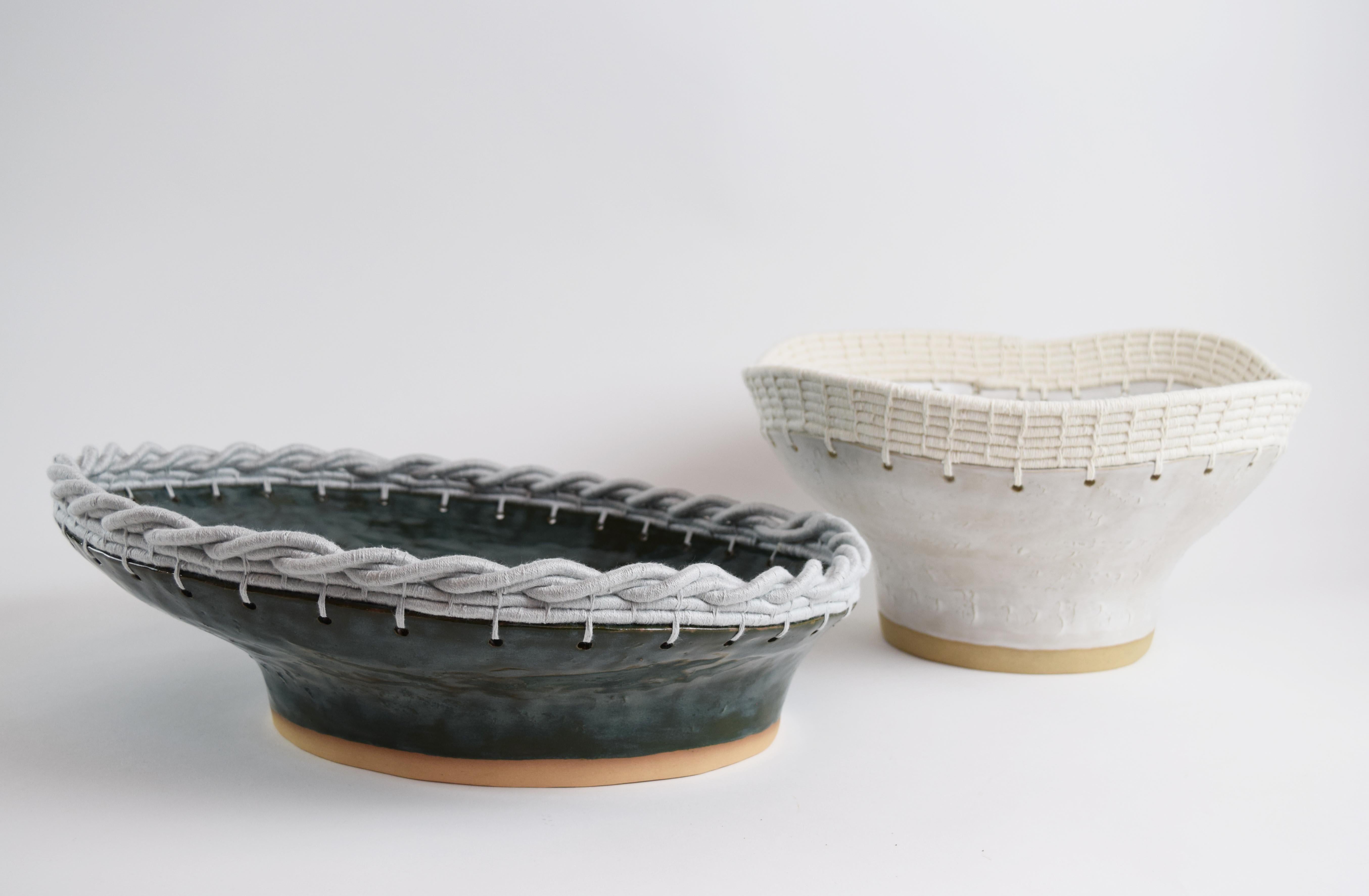 One of a Kind Ceramic Bowl #830, Green-Blue Glaze & Woven Pale Blue Cotton In New Condition In Proctorsville, VT