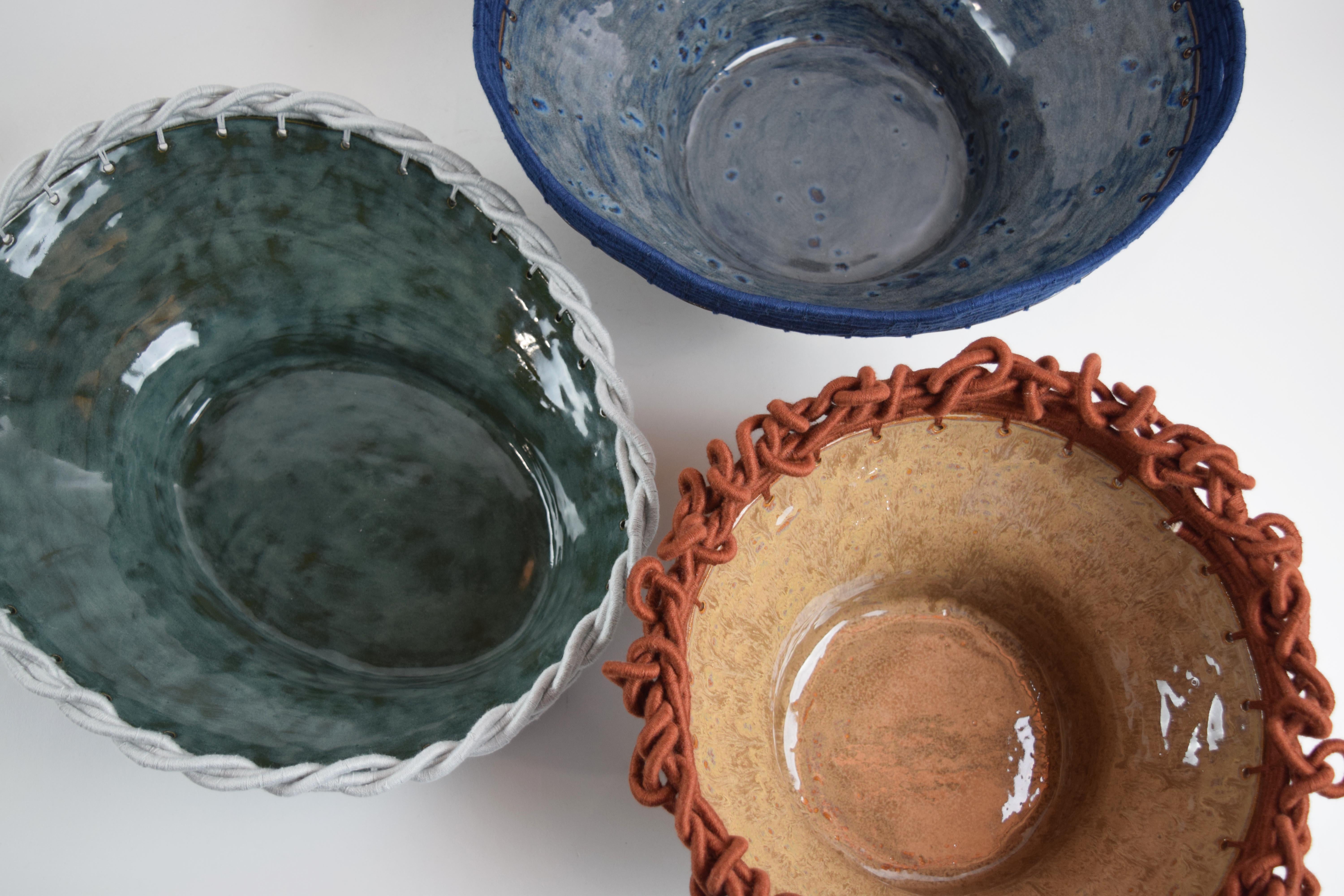 Contemporary One of a Kind Ceramic Bowl #830, Green-Blue Glaze & Woven Pale Blue Cotton