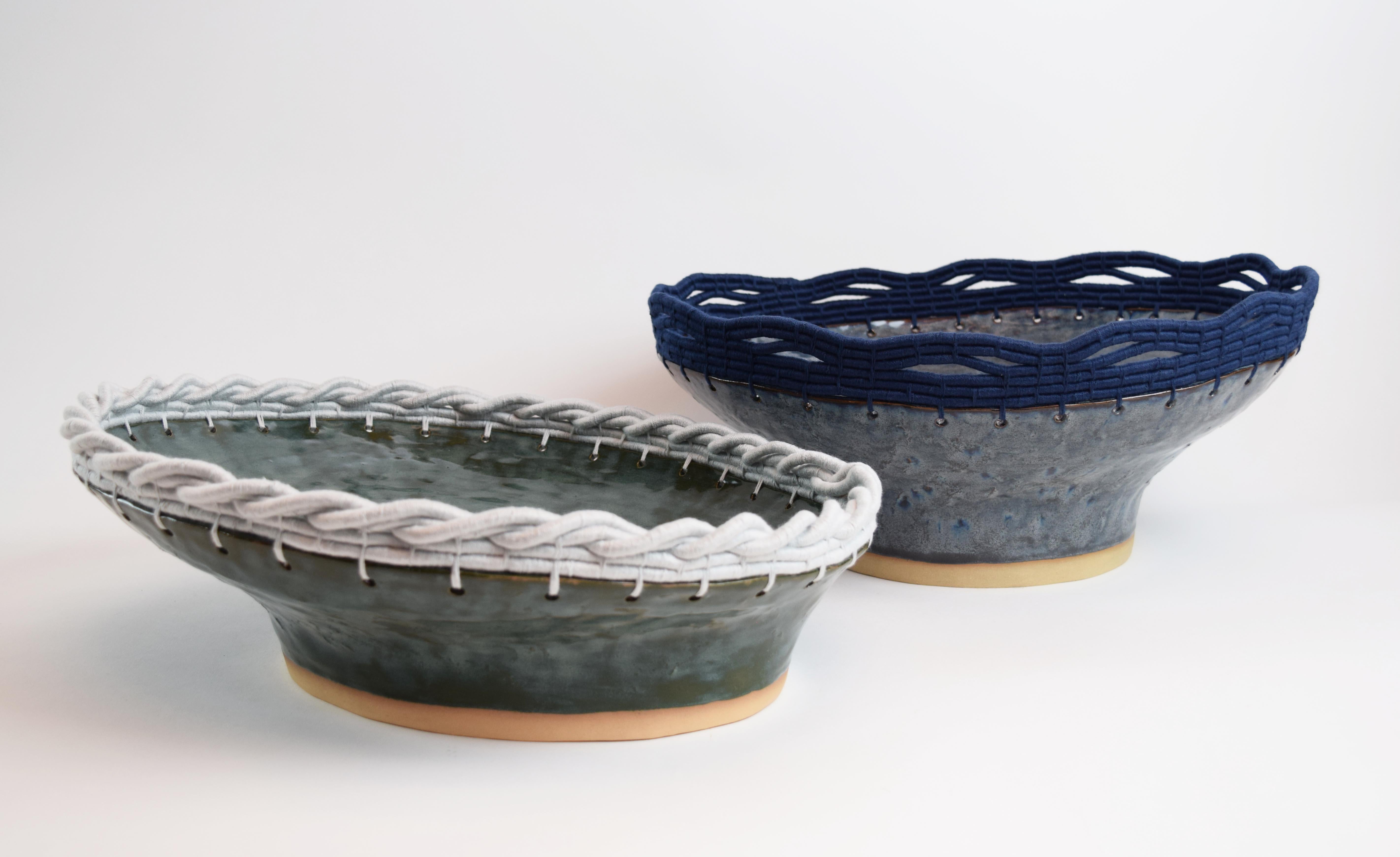 One of a Kind Ceramic Bowl #830, Green-Blue Glaze & Woven Pale Blue Cotton 1