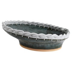 One of a Kind Ceramic Bowl #830, Green-Blue Glaze & Woven Pale Blue Cotton
