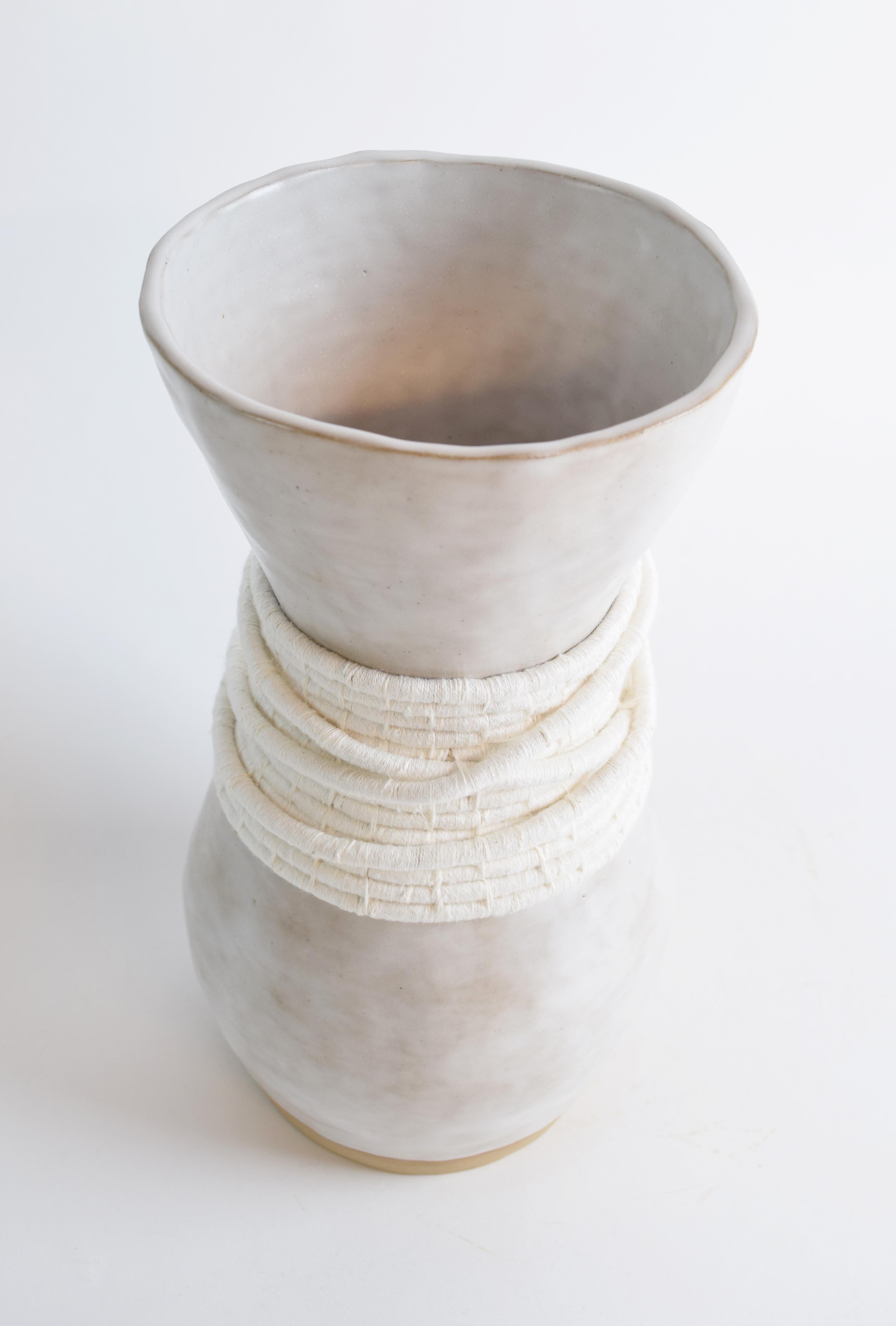 Organic Modern One of a Kind Ceramic & Fiber Vase #809  - White Glaze with Woven White Cotton For Sale