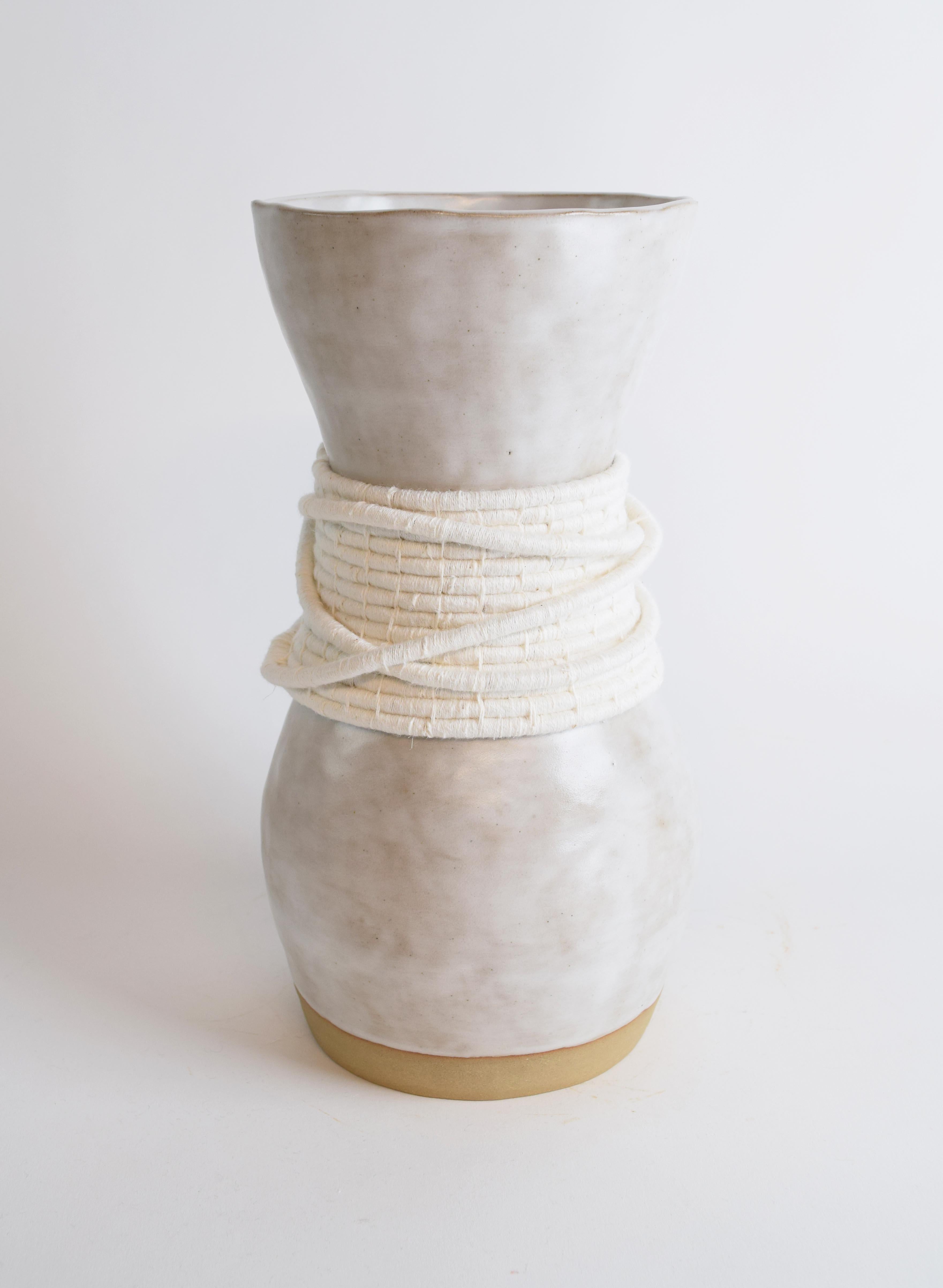 American One of a Kind Ceramic & Fiber Vase #809  - White Glaze with Woven White Cotton For Sale