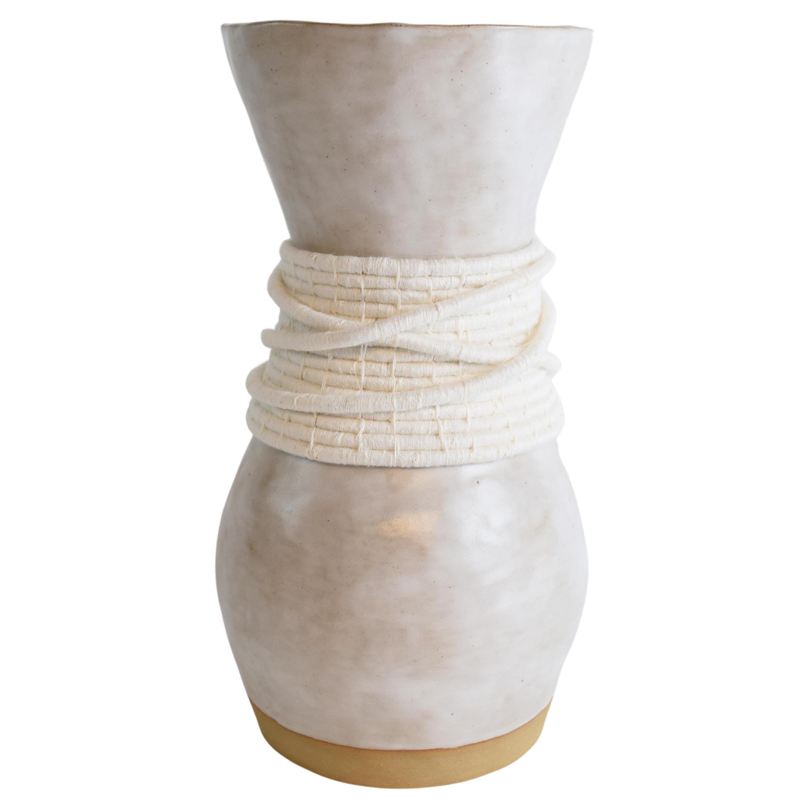 One of a Kind Ceramic & Fiber Vase #809  - White Glaze with Woven White Cotton For Sale